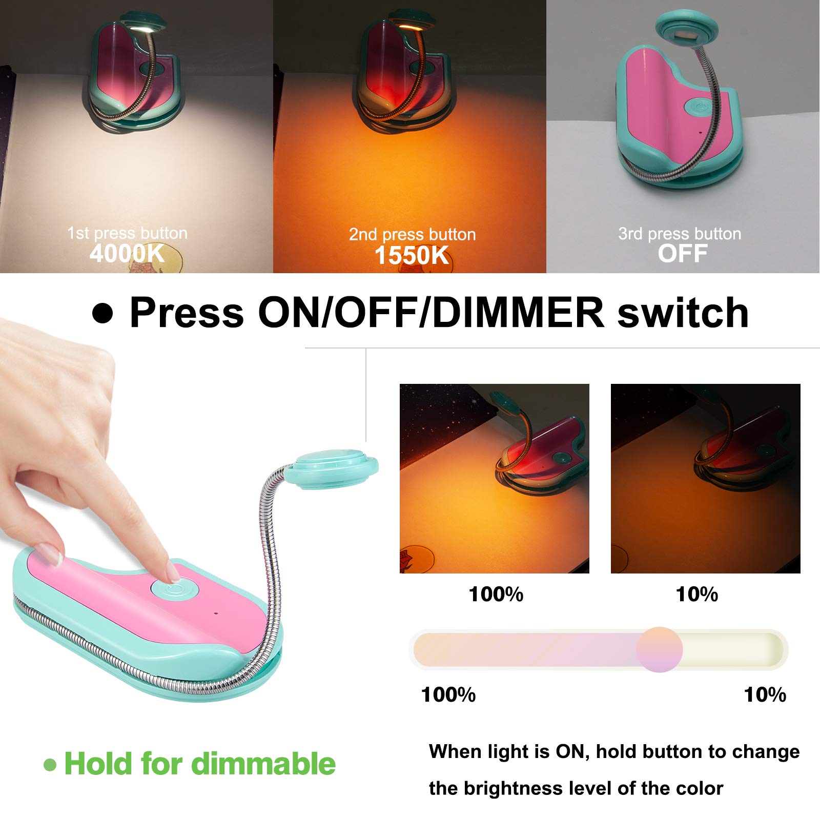 BIGMONAT Rechargeable Reading Light for Kids - Adjustable Amber LED Book Light with 362° Rotatable Neck, Portable Clip-On Lamp for Night Reading, Study, and Travel (Lavender) - Perfect for Bedtime Stories, Homework, and Camping