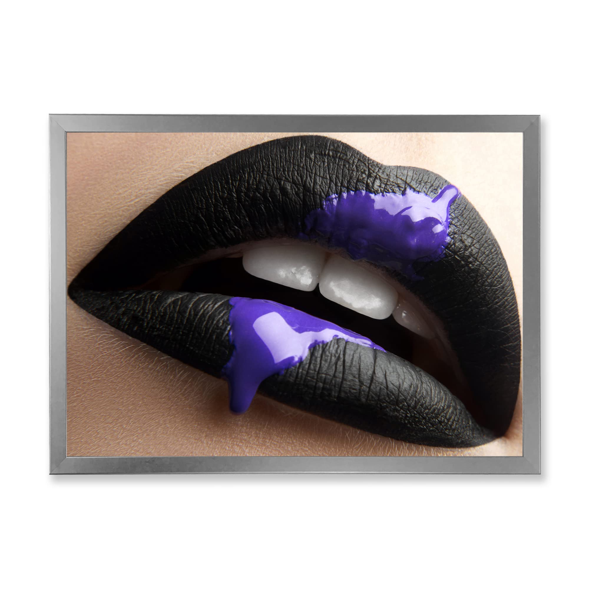 Modern Framed Wall Art - Black Lipstick & Purple Paint Female Lips Canvas Print for Home, Office & Salon Decor