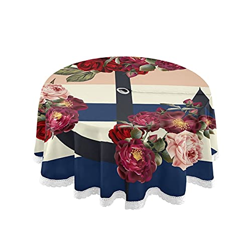 Nautical Floral Anchor Round Tablecloth with Umbrella Hole & Zipper - Marine Navy Stripes Waterproof Outdoor/Indoor Table Cover for Kitchen, Backyard, BBQ Party, Picnic & Beach Dining Decor