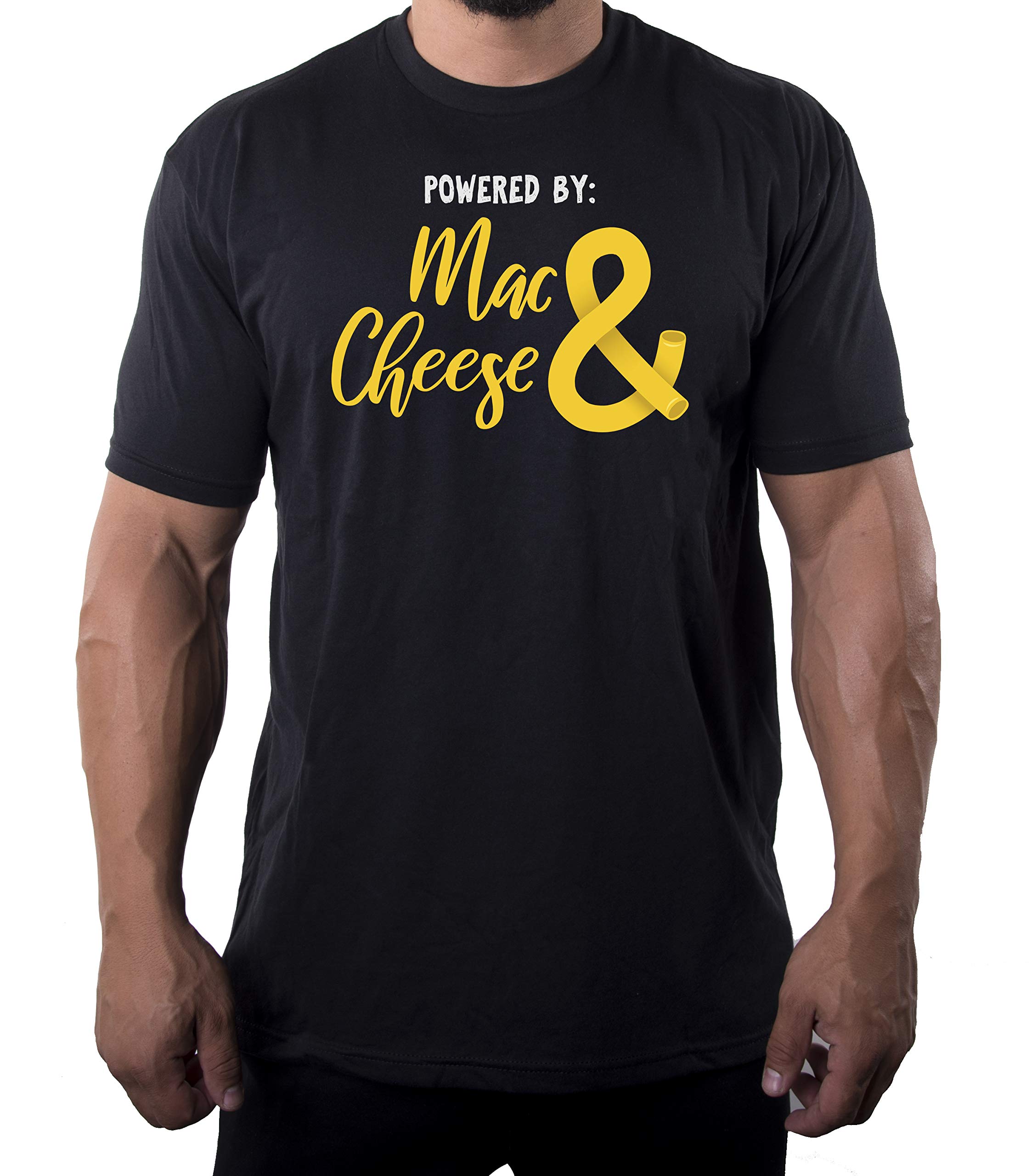 Funny Men's Powered by Mac & Cheese Graphic T-Shirt | Comfortable Cotton Tee for Casual Wear, Gifts & Food Lovers | Perfect for Parties, Work & Everyday Outfits