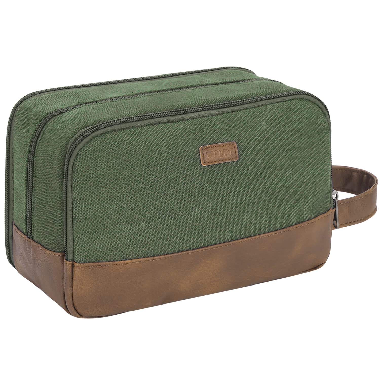 WANDF Men's Travel Toiletry Bag - Hanging Dopp Kit with Water-Resistant Vegan Leather, Canvas Toiletry Organizer for Shaving & Grooming Accessories (Green) - Perfect for Business Trips, Camping & Gym Essentials