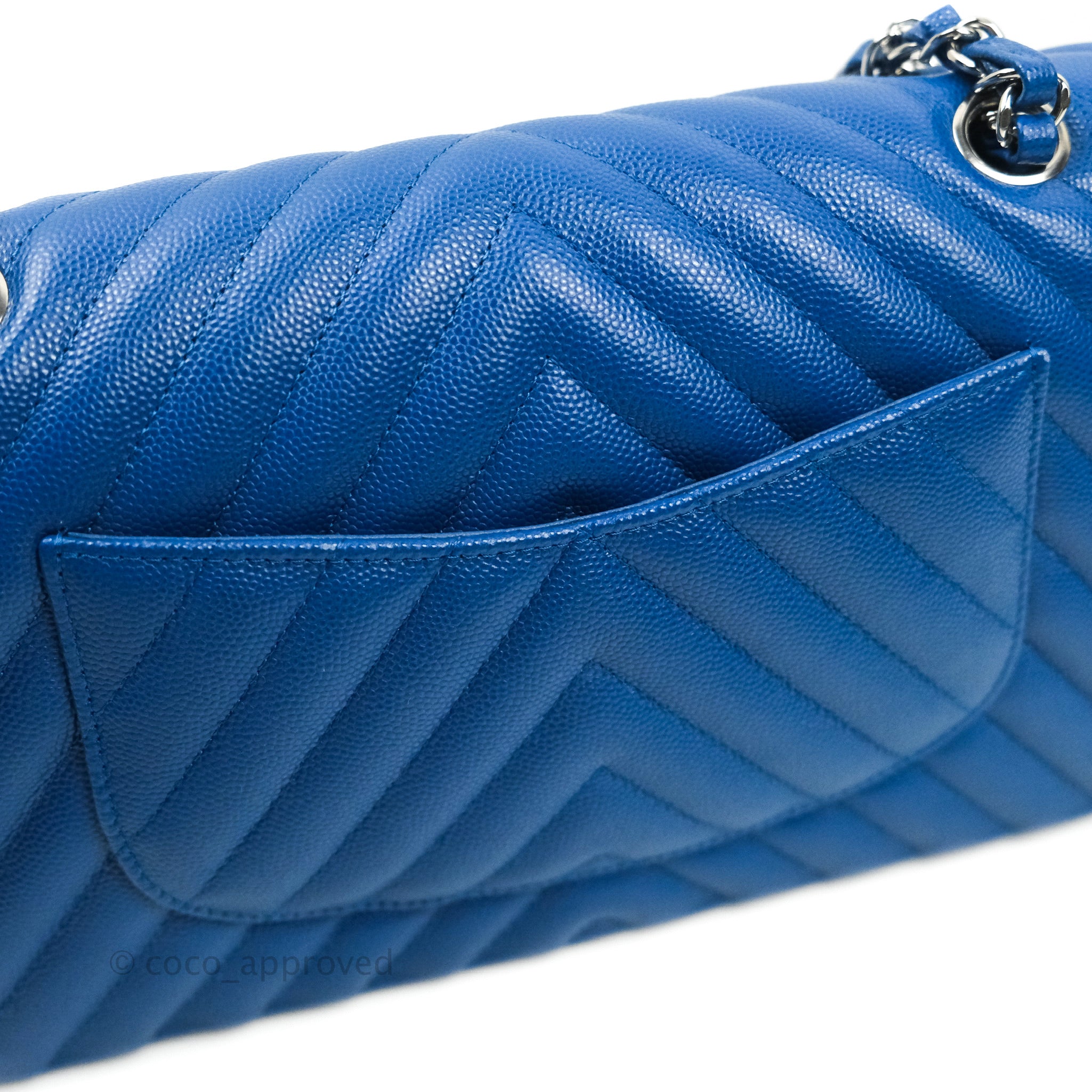 Chanel Classic Chevron M/L Medium Double Flap Bag in Blue Caviar Leather with Silver Hardware - Perfect for Work, Evening Events & Luxury Fashion Accessories