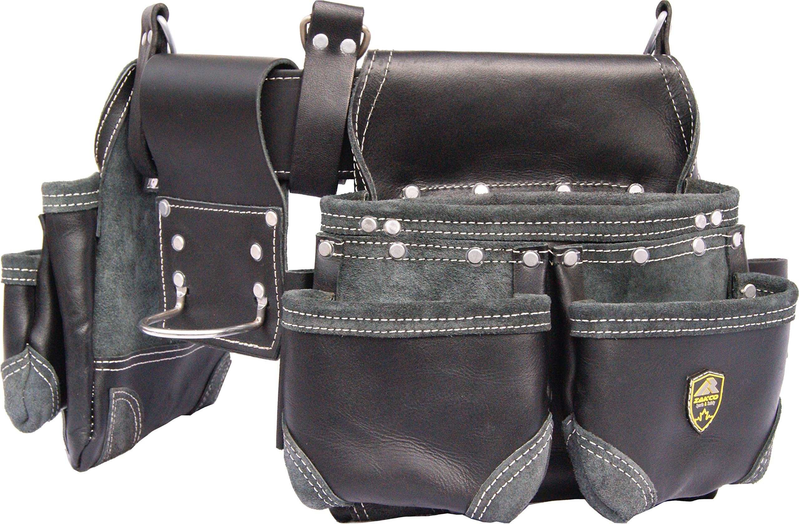 Zakco PRO-20 Oil Tanned Genuine Grain Leather Tool Belt for Construction, Framing, Roofing & Drywall - Heavy Duty Leather Work Belt with Tool Pouches & Rig (Black) - Perfect for Carpenters, Contractors & DIY Home Improvement Projects