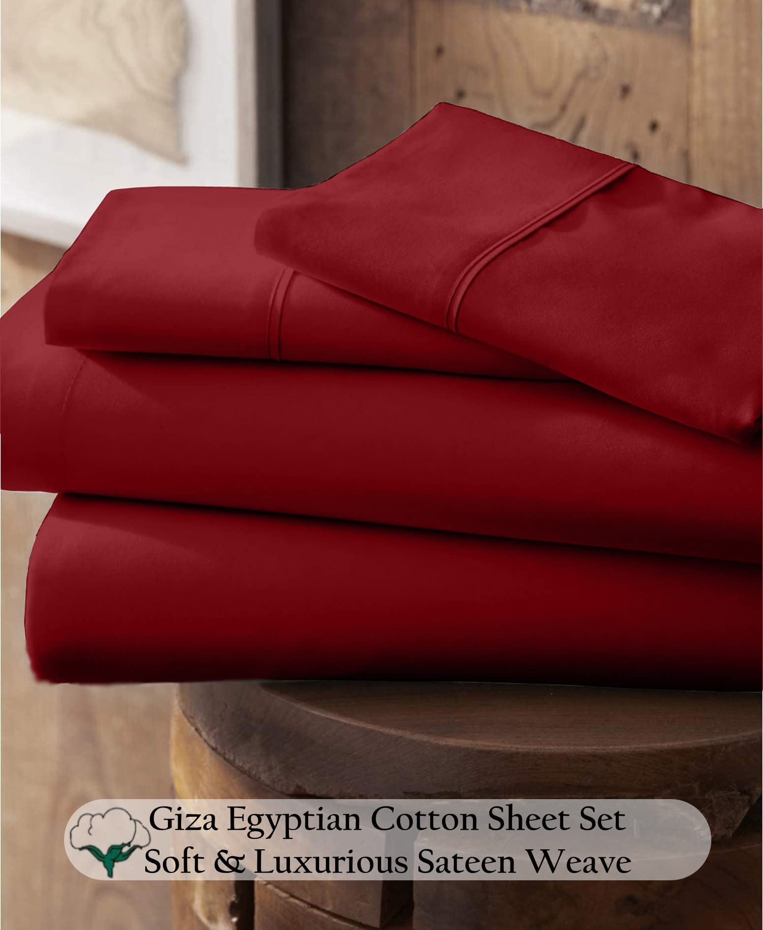 Premium 100% Certified Giza Cotton Pillowcase & Sheet Set - RV Short Queen Size, Soft Sateen Weave, Breathable Egyptian Cotton Fabric, Fits Up to 18-Inch Deep Pockets (Burgundy) - Perfect for RVs, Campers, and Small Bedrooms