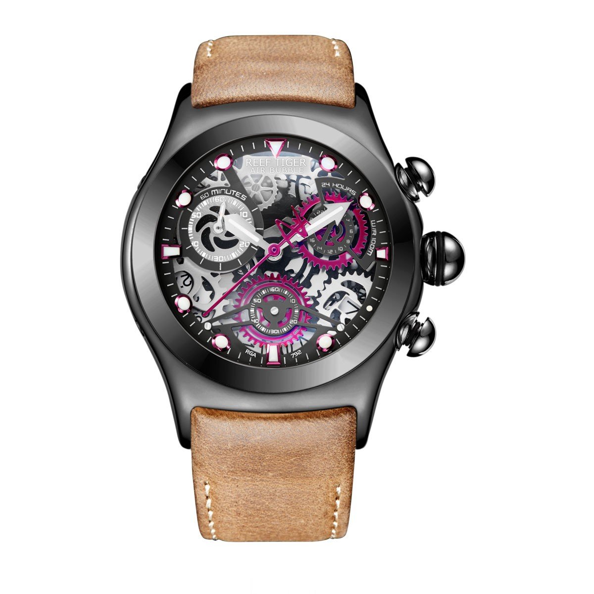 Reef Tiger RGA792 Men's Skeleton Chronograph Watch - Black Stainless Steel with Date Display | Perfect for Business, Formal Events & Luxury Gifts