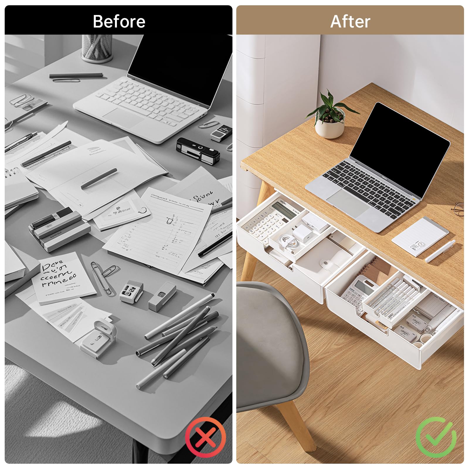 Under Desk Drawer Organizer - Slide Out Hidden Storage Tray with 2 Installation Methods (Screw/Adhesive) - White Space Saving Cabinet Drawer for Office & Home Workspace - Perfect for Storing Stationery, Files & Small Office Supplies