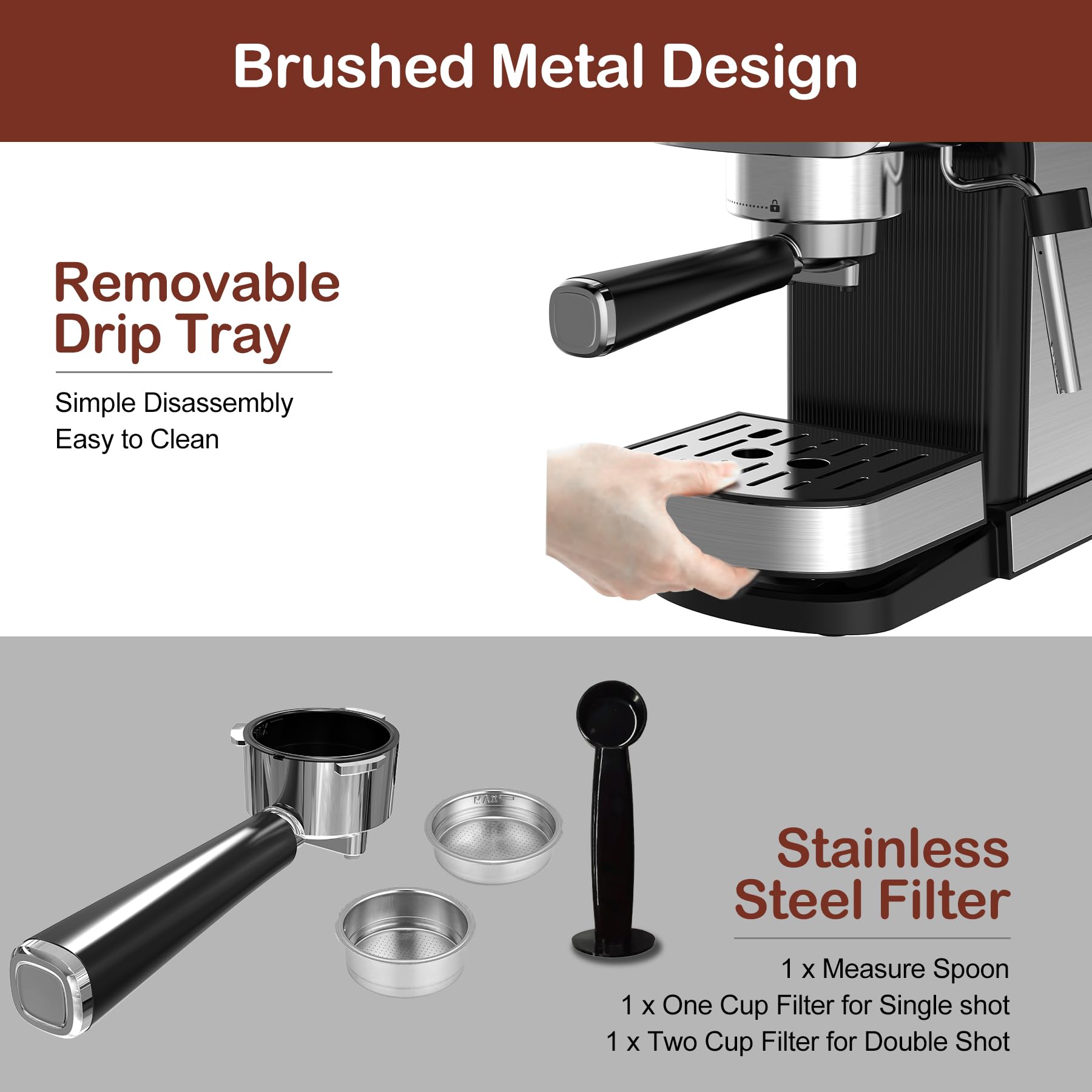 VEGETA 20 Bar Espresso Machine with Milk Frother - 1350W Compact Stainless Steel Coffee Maker for Cappuccino, Latte - Perfect for Home, Office & Small Spaces