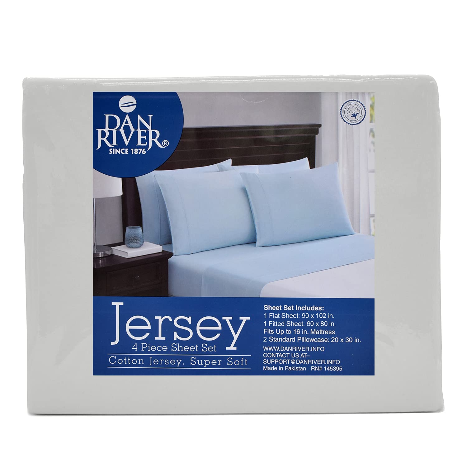 DAN RIVER Queen Jersey Sheet Set - 100% Cotton Luxury Bed Sheets | Ultra Soft T-Shirt Material | All Season Comfort | Deep Pocket Fits Mattress Up to 16