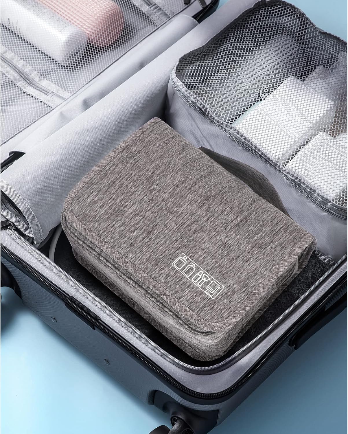 Anayo Hanging Travel Toiletry Bag - Waterproof Cosmetic & Makeup Organizer Pouch for Men & Women | Portable Shaving Kit, Brush Holder & Medicine Organizer | Perfect for Camping, Gym & Business Trips (Grey)