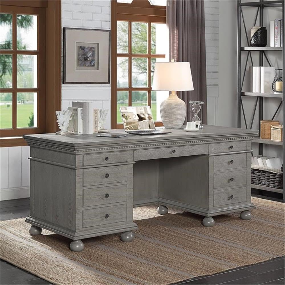 Acme Gustave Gray Oak Executive Writing Desk with 9 Drawers - Perfect for Home Office, Study Room & Professional Workspace