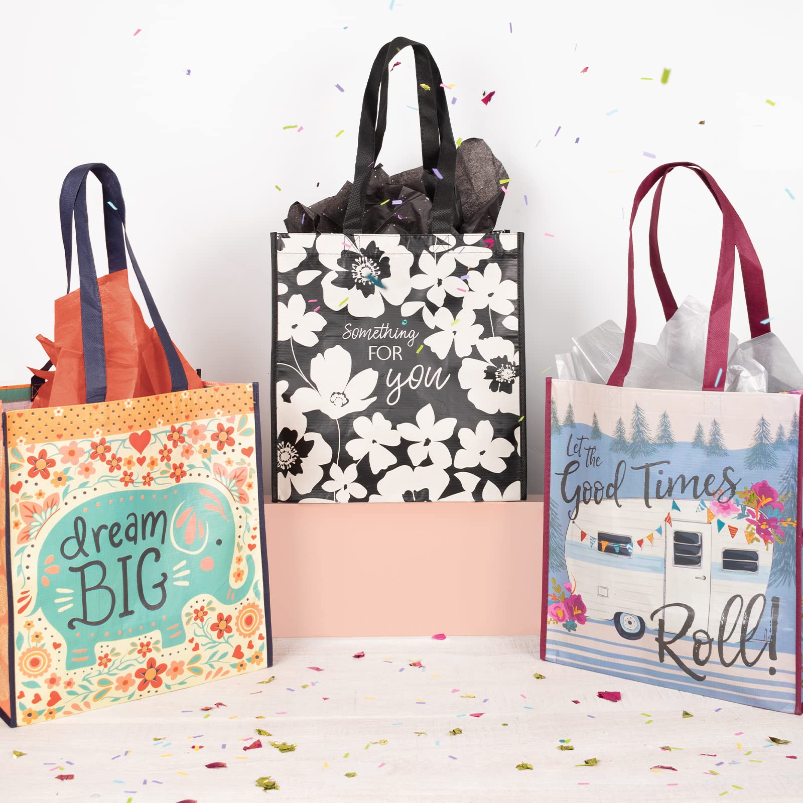 Eco-Friendly Karma Reusable Gift Bags - Durable Tote & Party Gift Bags with Handles - Perfect for Birthday Presents, Christmas Gifts & Events (Pack of 2, Large RPET Happy Bags) - Great for Holiday Wrapping, Baby Showers & Sustainable Gift Giving