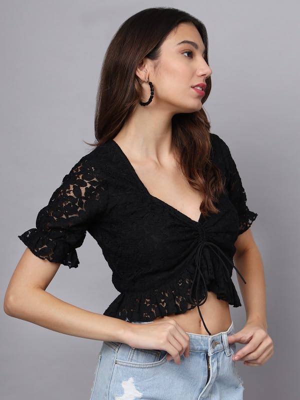 Eavan Women's Black Embroidered Crop Top - Stylish Summer Fashion for Casual Outings & Beach Wear