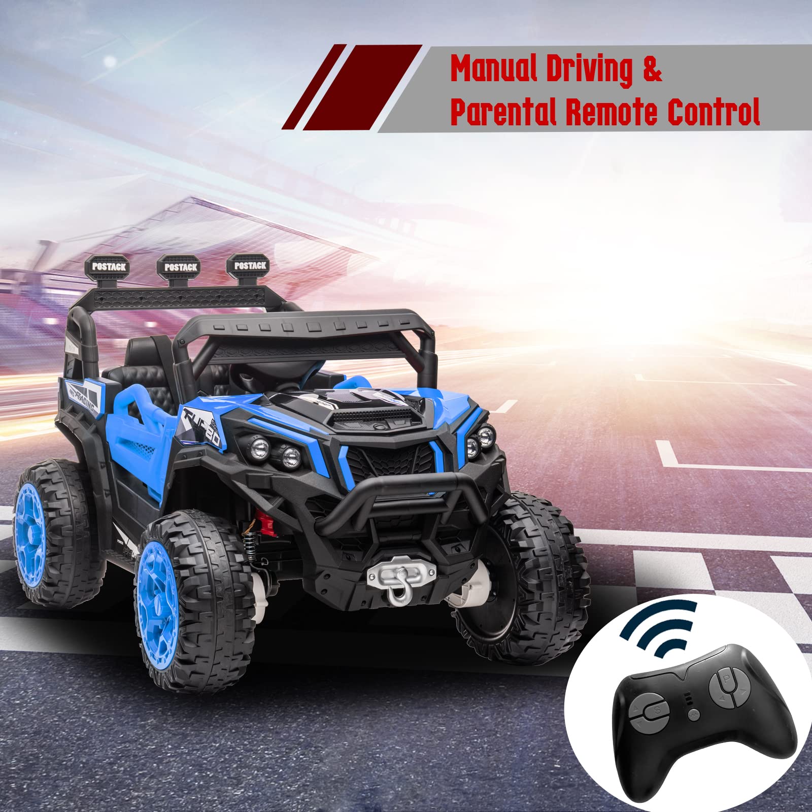 POSTACK 24V Kids Ride On Car with Parental Remote Control - 4WD Electric Off-Road Vehicle for Boys & Girls Ages 3-8 - Blue Battery Powered Toy UTV for Indoor & Outdoor Play - Perfect for Backyard, Park, and Driveway Adventures