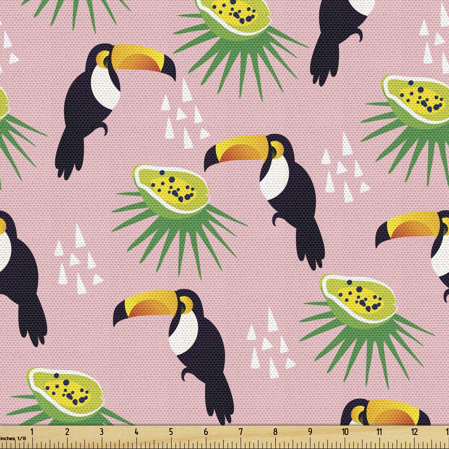 Ambesonne Tropical Bird Print Fabric by The Yard - Funny Summer Design with Exotic Fruits, Palm Trees & Toucans on Pastel Background - 10 Yards Rose Multicolor Fabric for Upholstery, Home Decor, DIY Projects & Crafting - Perfect for Pillow Covers, Curtains, Table Runners & Wall Hangings
