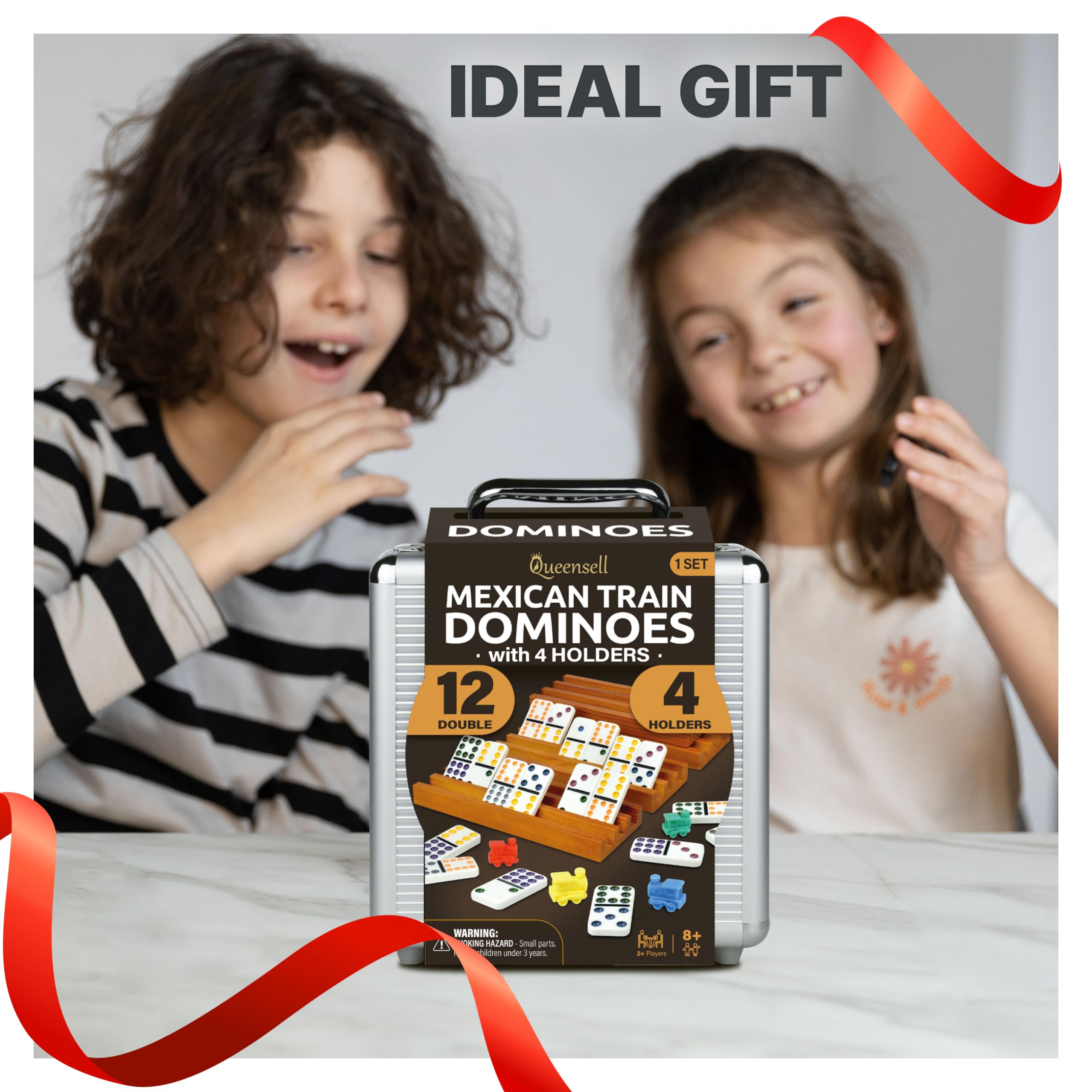 Premium Mexican Train Dominoes Set - Double 12 Wooden Dominoes with 4 Tile Holders & Wooden Hub - Complete Family Board Game for Adults & Kids Age 8+ - Perfect for Game Nights, Parties, Camping & Family Gatherings (D12 + 4 Holders)
