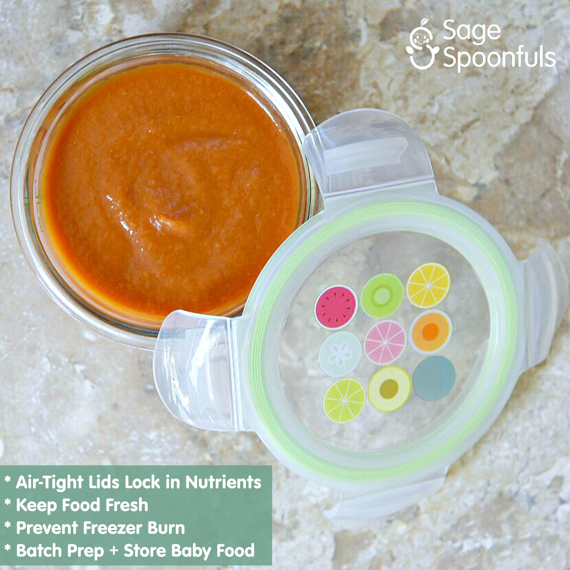 Sage Spoonfuls 7 oz Glass Baby Food Storage Containers with Lids - 4 Pack, BPA-Free, Leakproof & Airtight, Freezer, Microwave & Dishwasher Safe, Reusable Baby Food Jars for Homemade Purees, Snacks, and Meal Prep
