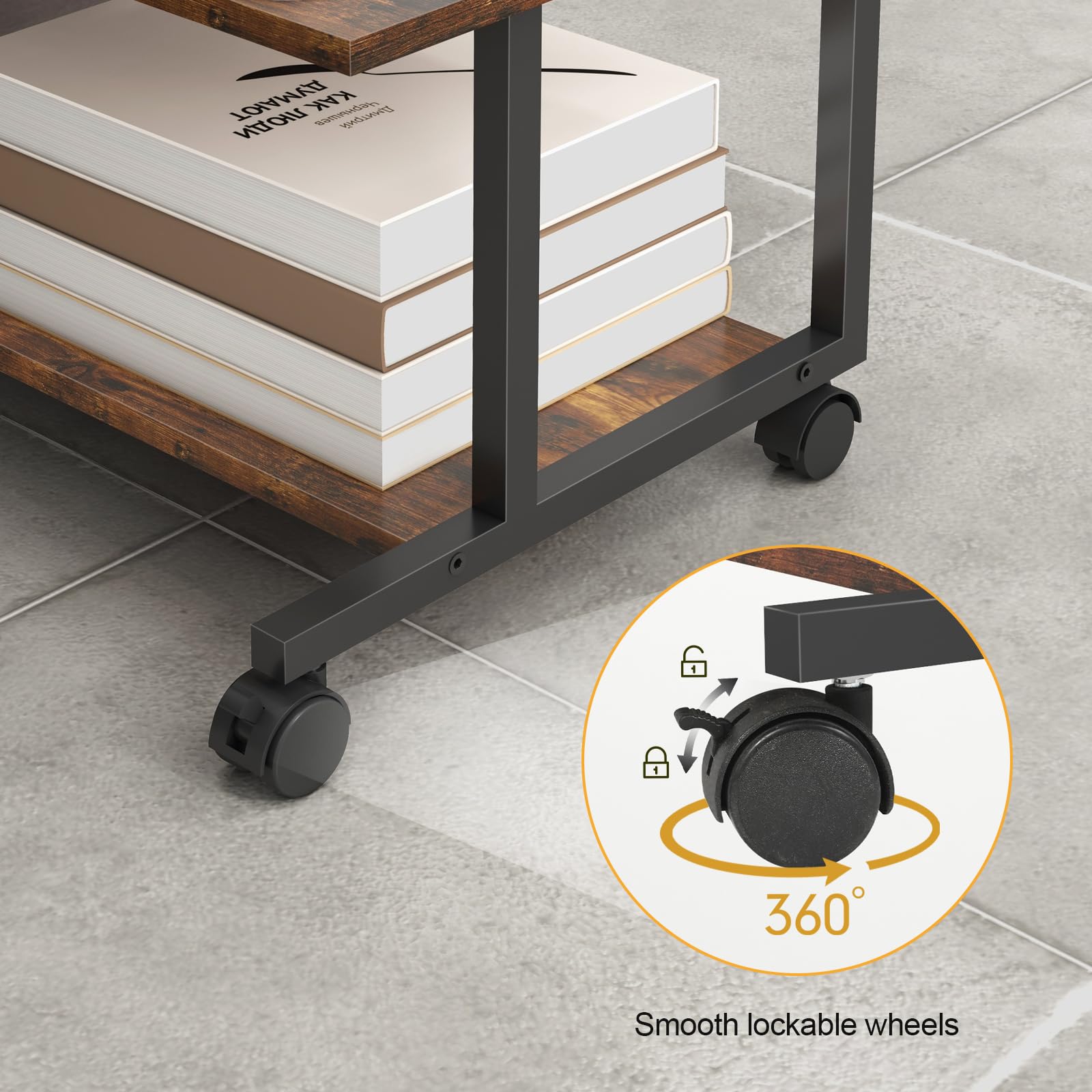 Under Desk Printer Stand with Wheels - 20.5 x 15.7 Inches Rolling Printer Cart for Home Office, Small Printer Table with Storage Shelf, Industrial Printer Stand in Rustic Brown - Perfect for Organizing Printers, Scanners & Office Supplies Under Your Desk