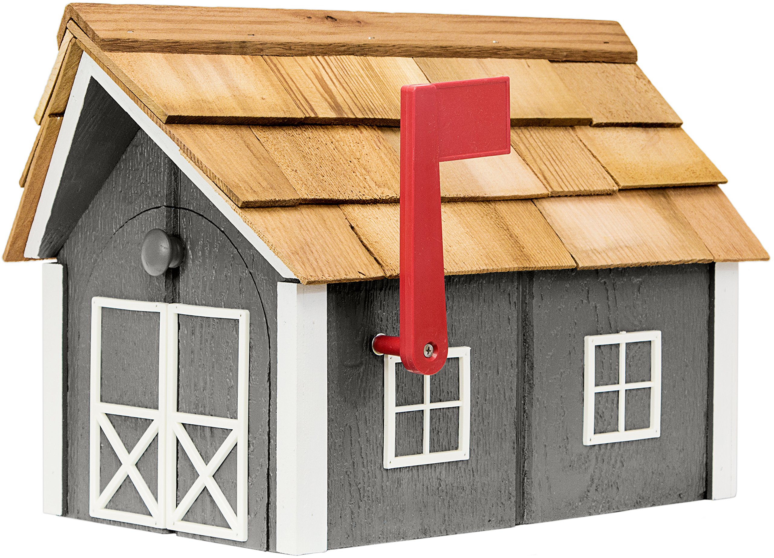 Amish-Made Deluxe Post Mount Wooden Mailbox with Cedar Shingles - Dark Gray with White Trim - Durable Outdoor Mailbox for Farmhouse, Cottage & Rural Homes