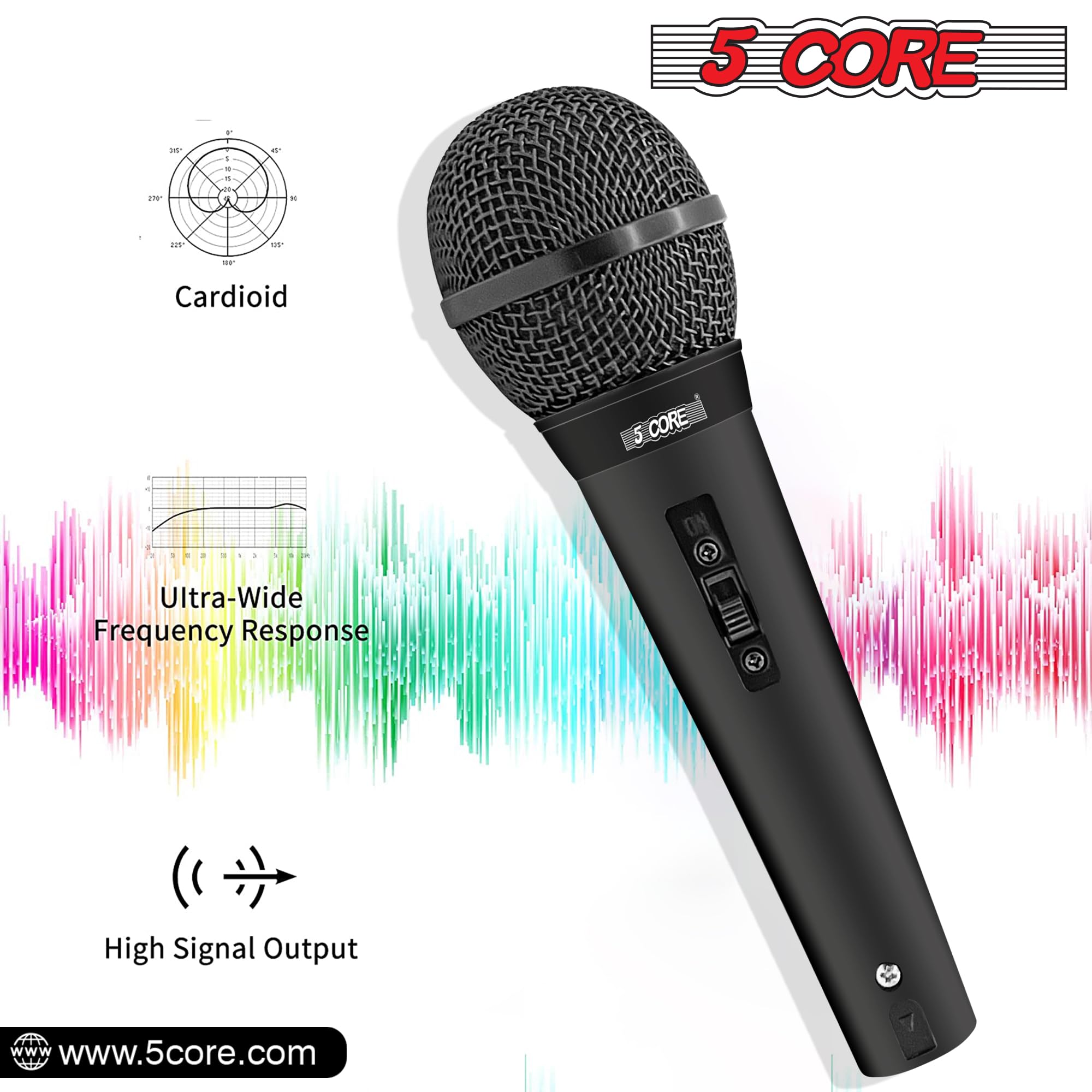 5 CORE Dynamic Vocal Microphone - Cardioid Unidirectional Handheld Mic with On/Off Switch & XLR Cable (PM 101 BLK) for Singing, Karaoke, Live Performances & Studio Recording