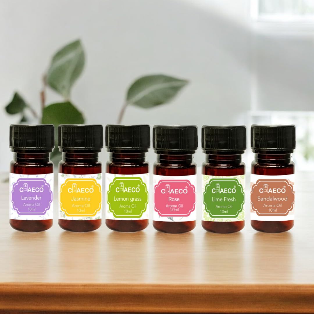 CHAECO Essential Oil Diffuser Set - 6 Pack (10ml Each) with Lavender, Lemongrass, Rose, Fresh Lime, Sandalwood & Jasmine Scents - Aromatherapy Oil for Home, Office, Spa & Yoga Relaxation