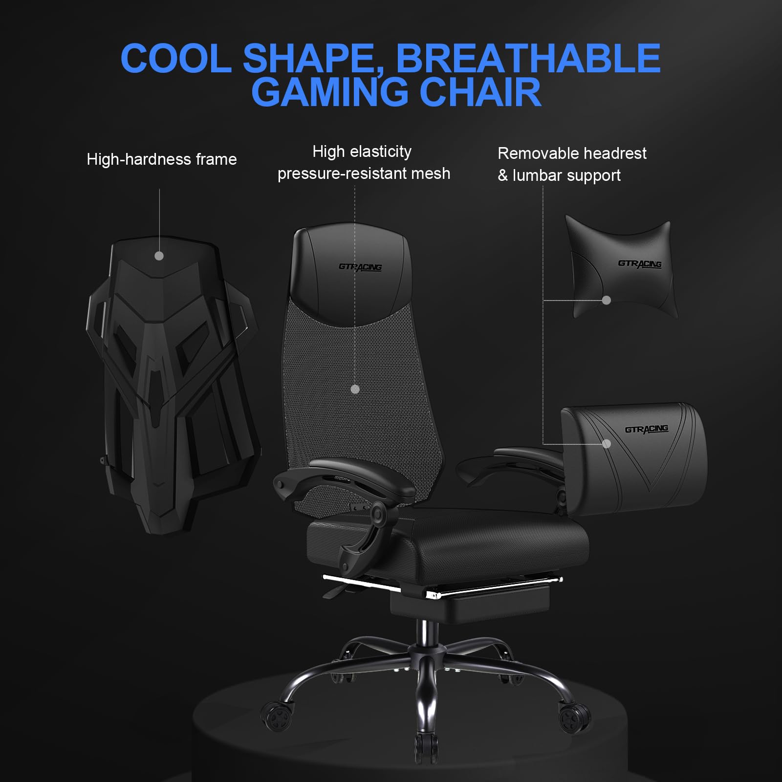 GTRACING Ergonomic Gaming Chair with Mesh Back, Adjustable Headrest & Lumbar Support - Reclining Computer Chair with Footrest for PC Gaming & Office Work - Comfortable Black Gamer Chair for Long Hours of Work or Play