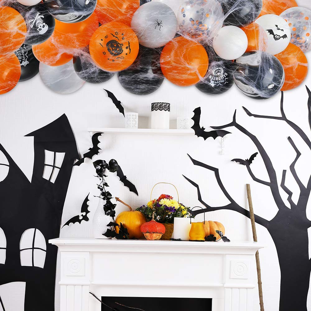 **Halloween Balloon Garland Kit - Black & Orange Balloon Arch with Spider Web & 24 Plastic Spiders for Party Decorations, Halloween Home Decor, and Spooky Party Supplies**