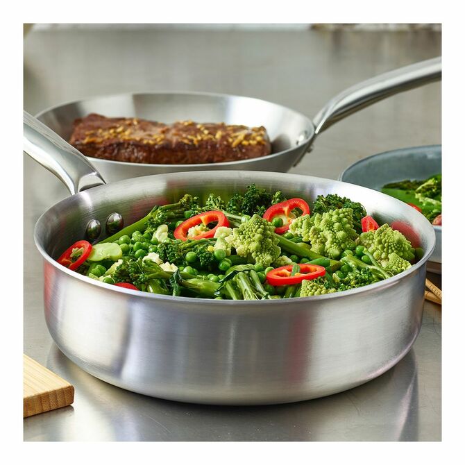 De Buyer Alchimy Straight Saute Pan - 12 Inch Stainless Steel French Skillet with Helper Handle, Induction Compatible - Perfect for Searing, Sauteing & Cooking Steak, Vegetables & More in Professional Kitchens & Home Cooking