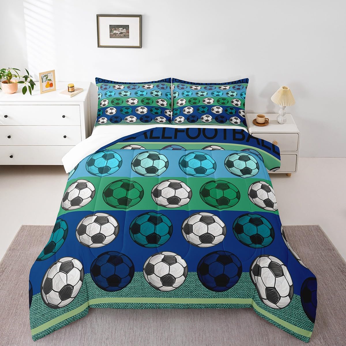 Blue and Green Reversible Soccer Comforter Set Queen Size - Football Themed Bedding for Boys & Kids - Lightweight Soft Comforter with 2 Pillowcases - Perfect for Sports Lovers' Bedroom Decor, Gaming Room & Teen Boys Dorm