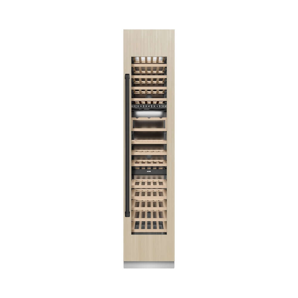 ZLINE Autograph Edition 18 Inch 9.0 cu ft Triple Zone 68 Bottle Panel Ready Right Hinge Column Wine Cooler with Matte Black Accents - Perfect for Home Bars, Restaurants, and Wine Cellars (RBCWVRZ 18 MB)