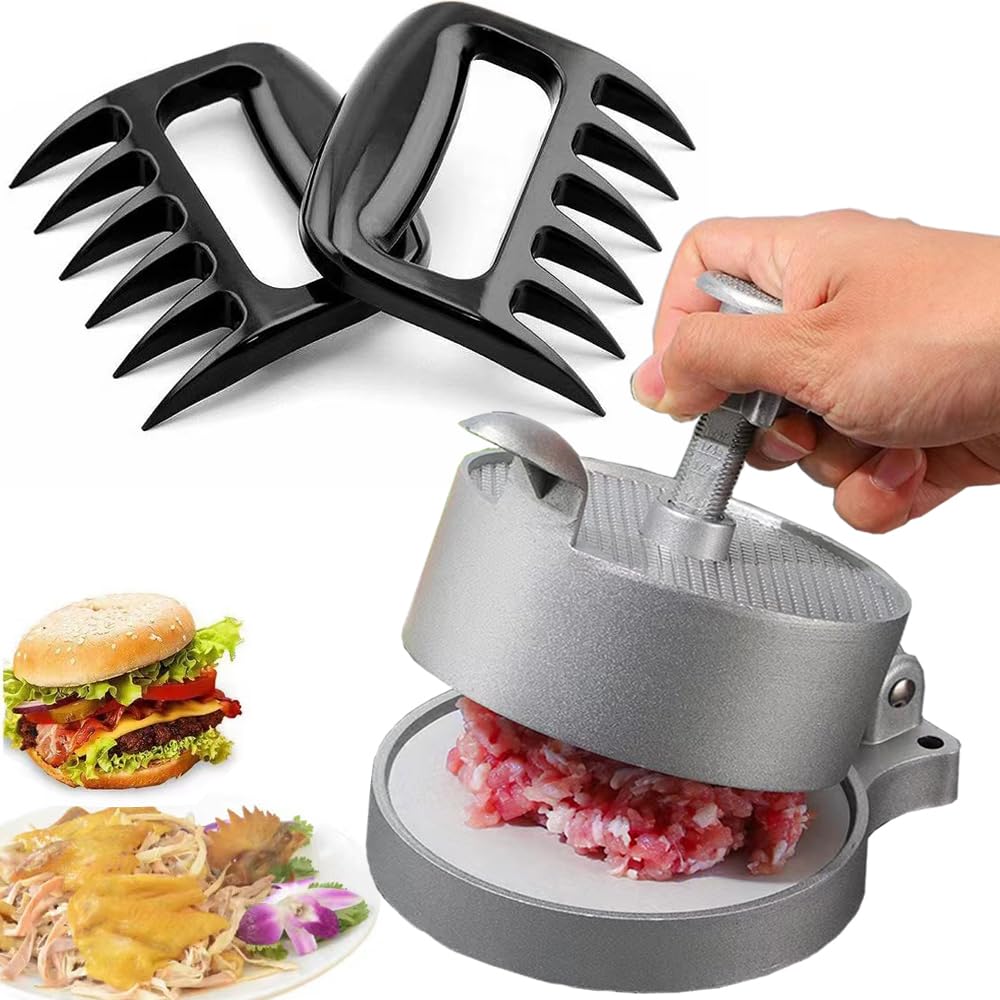 Adjustable Non-Stick Hamburger Patty Maker Press - Makes 1/4lb to 3/4lb Burgers with 2 Bear Claw Meat Shredders - Perfect for BBQ, Grilling, and Home Cooking