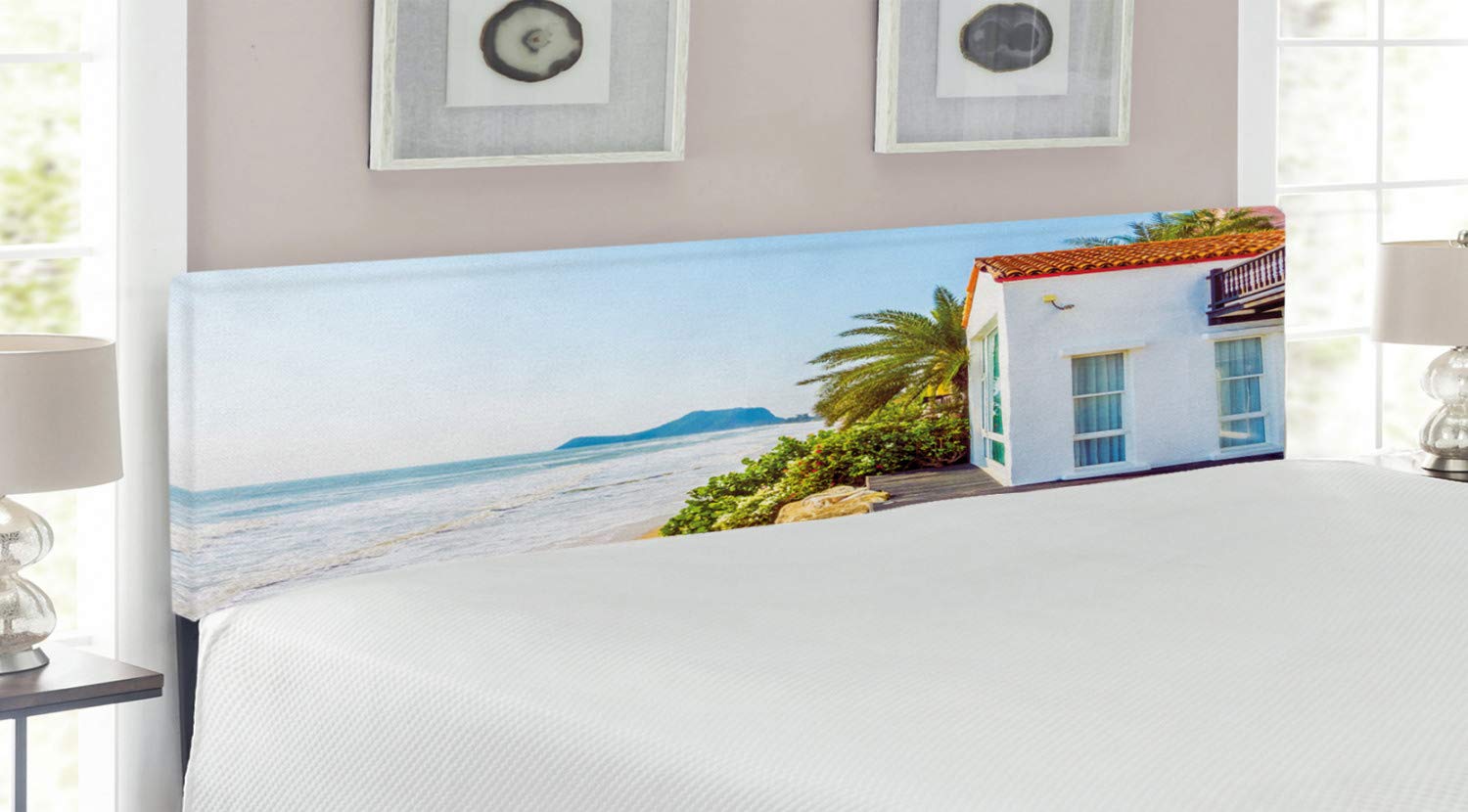 Ambesonne Ocean Themed King Size Upholstered Headboard - Coastal Beach House Decor with Moroccan Architecture Print, Memory Foam Padding, Multicolor | Perfect for Bedroom Makeovers, Guest Rooms & Vacation Home Decor