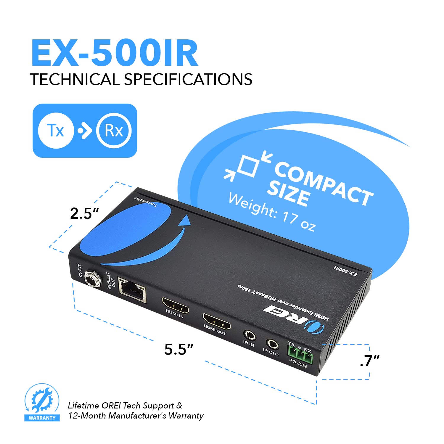 OREI EX-500IR 1080p HDBaseT HDMI Extender Over Cat5e/6 Ethernet Cable - 500ft Range, HDCP 1.4, Bi-Directional IR, HDMI Loop-out, RS-232, PoC - Perfect for Home Theater, Conference Rooms & Digital Signage