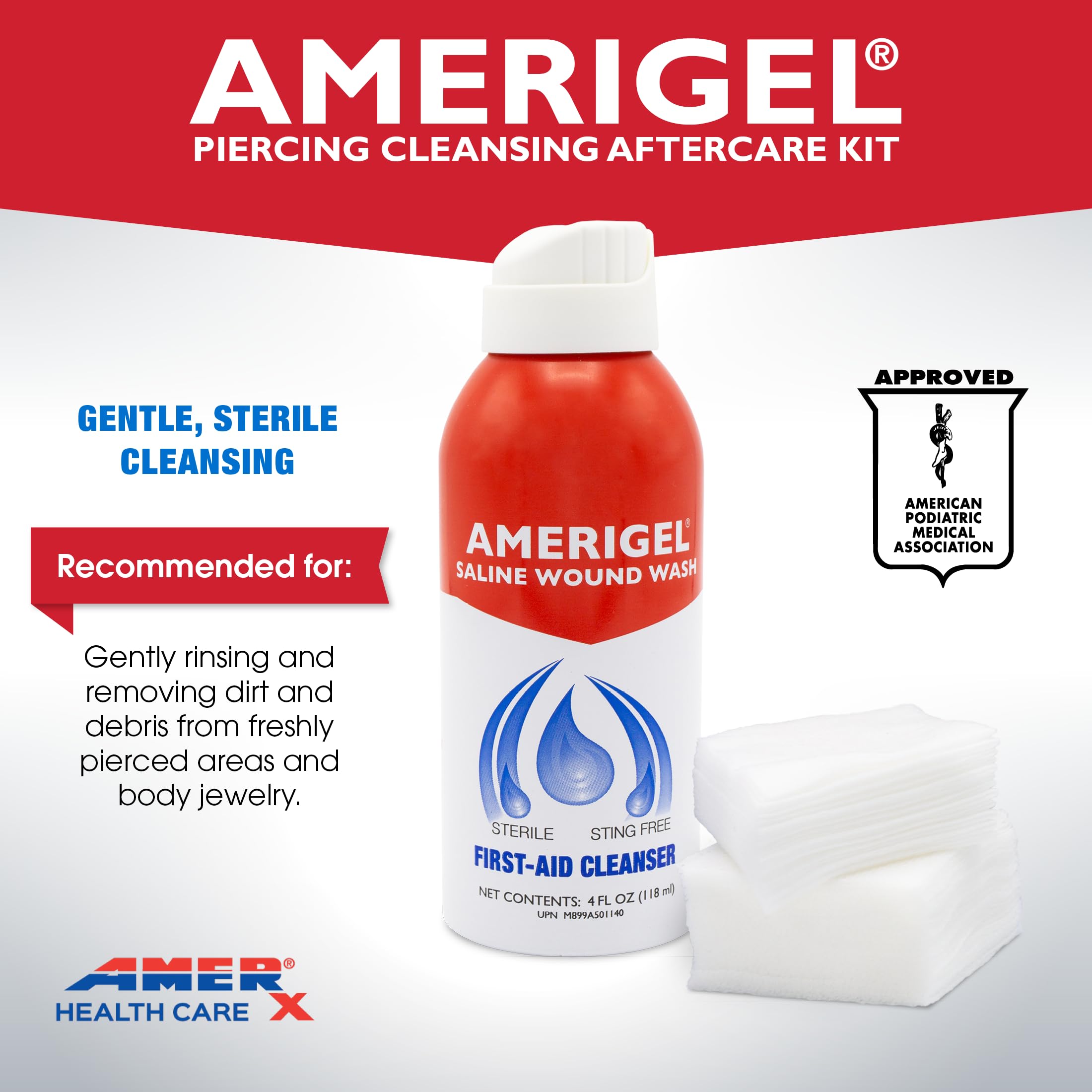 AMERIGEL Piercing Aftercare Kit - Sterile Saline Wound Wash (4 oz) & 30 Sterile 2x2