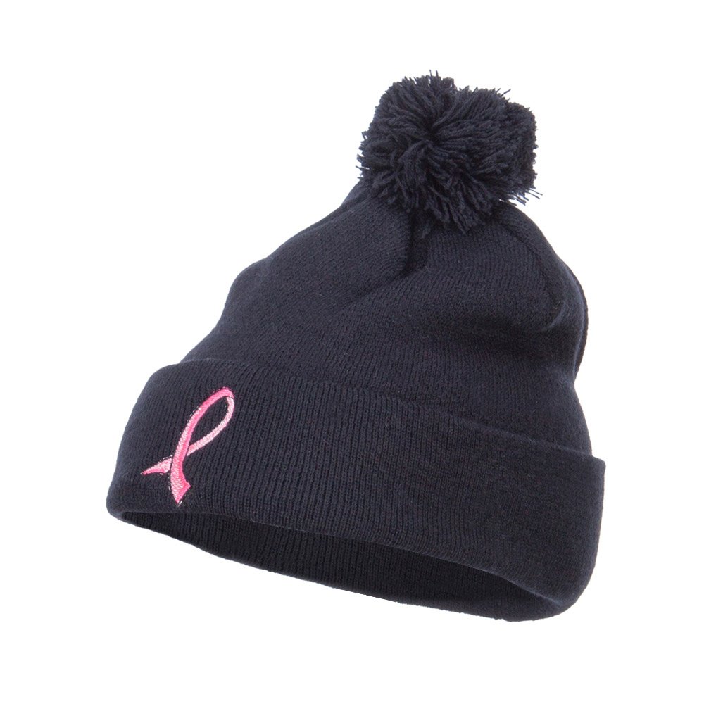 Pink Ribbon Breast Cancer Awareness Embroidered Pom Beanie - Soft Winter Hat for Women - Support Survivors & Raise Awareness - Perfect for Fundraisers, Walks, and Everyday Wear