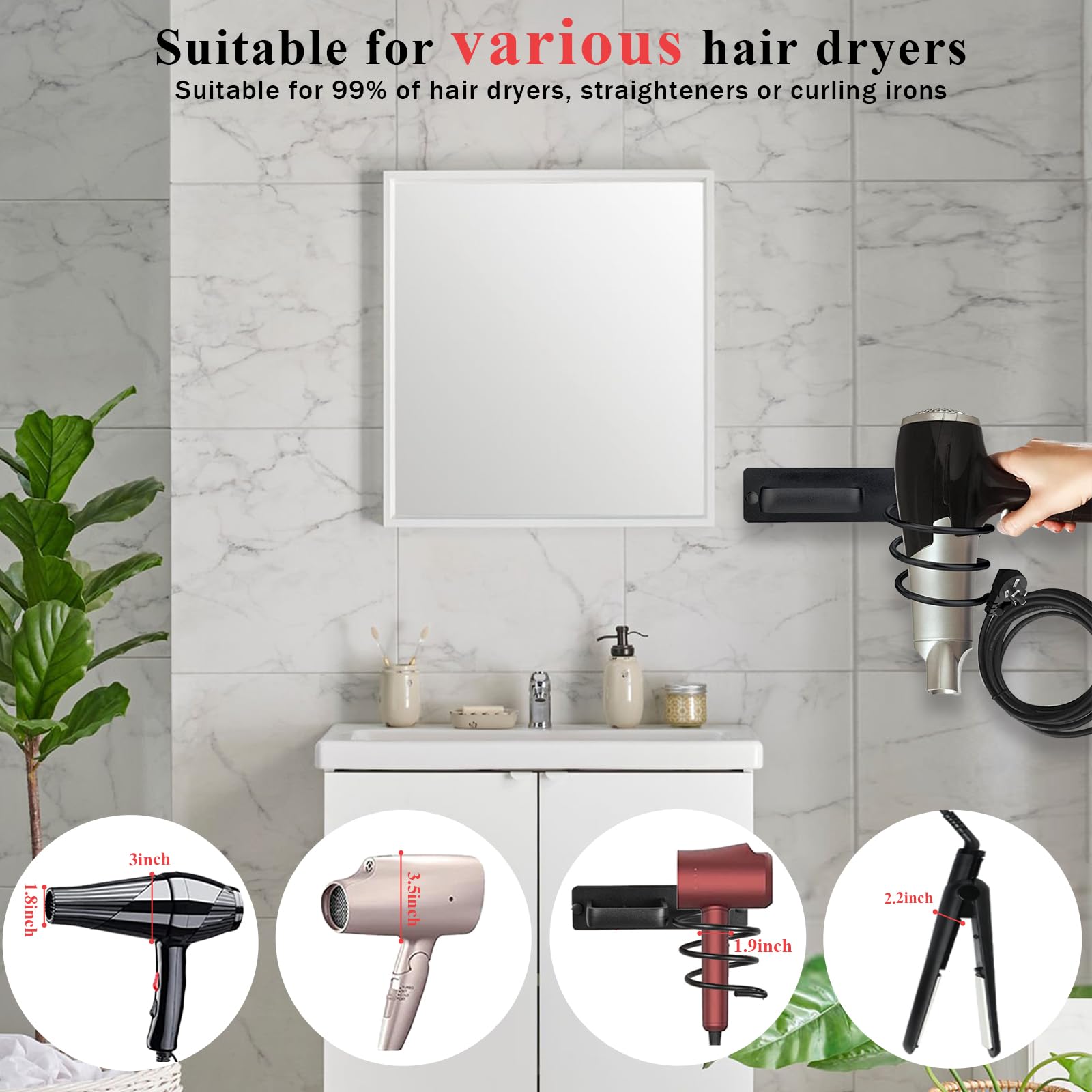 Wall Mount Hair Dryer Holder - Aluminum Hair Tool Organizer with Self-Adhesive & Drill Options | Flat Iron, Curling Iron & Straightener Storage for Bathroom & Salon Organization | Perfect for Small Spaces & Clutter-Free Vanity