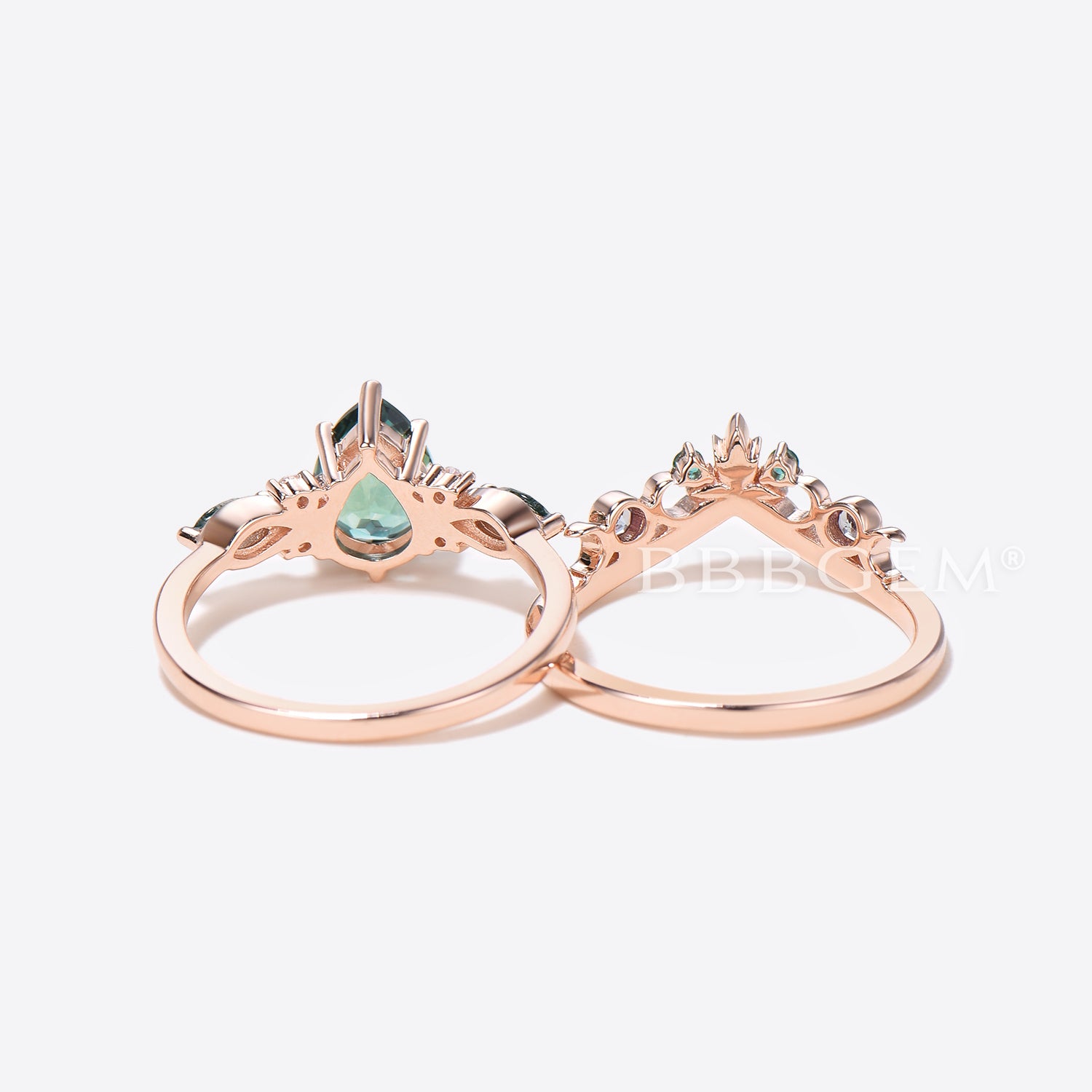 Teardrop Green Sapphire Engagement Ring & Celtic Moon Wedding Ring Set - Vintage Celtic Knot Design for Brides, Promise Rings, Anniversary Gifts
