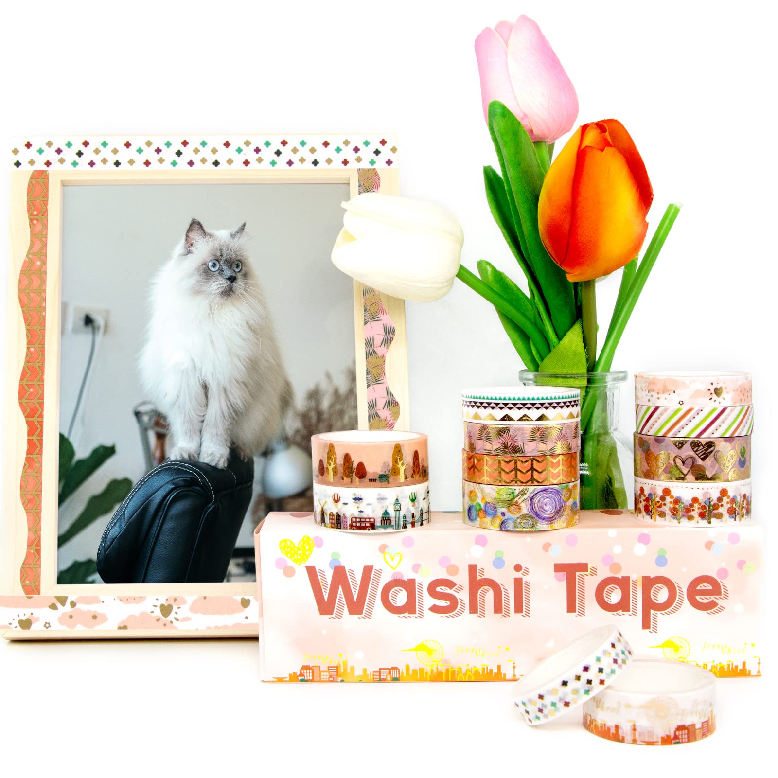 MPOPUUL 12 Rolls Gold Foil Washi Tape Set - Decorative Masking Tape for Bullet Journals, Scrapbooking, DIY Crafts, Gift Wrapping, Planners - Perfect for Home Office, School Projects & Creative Decorations