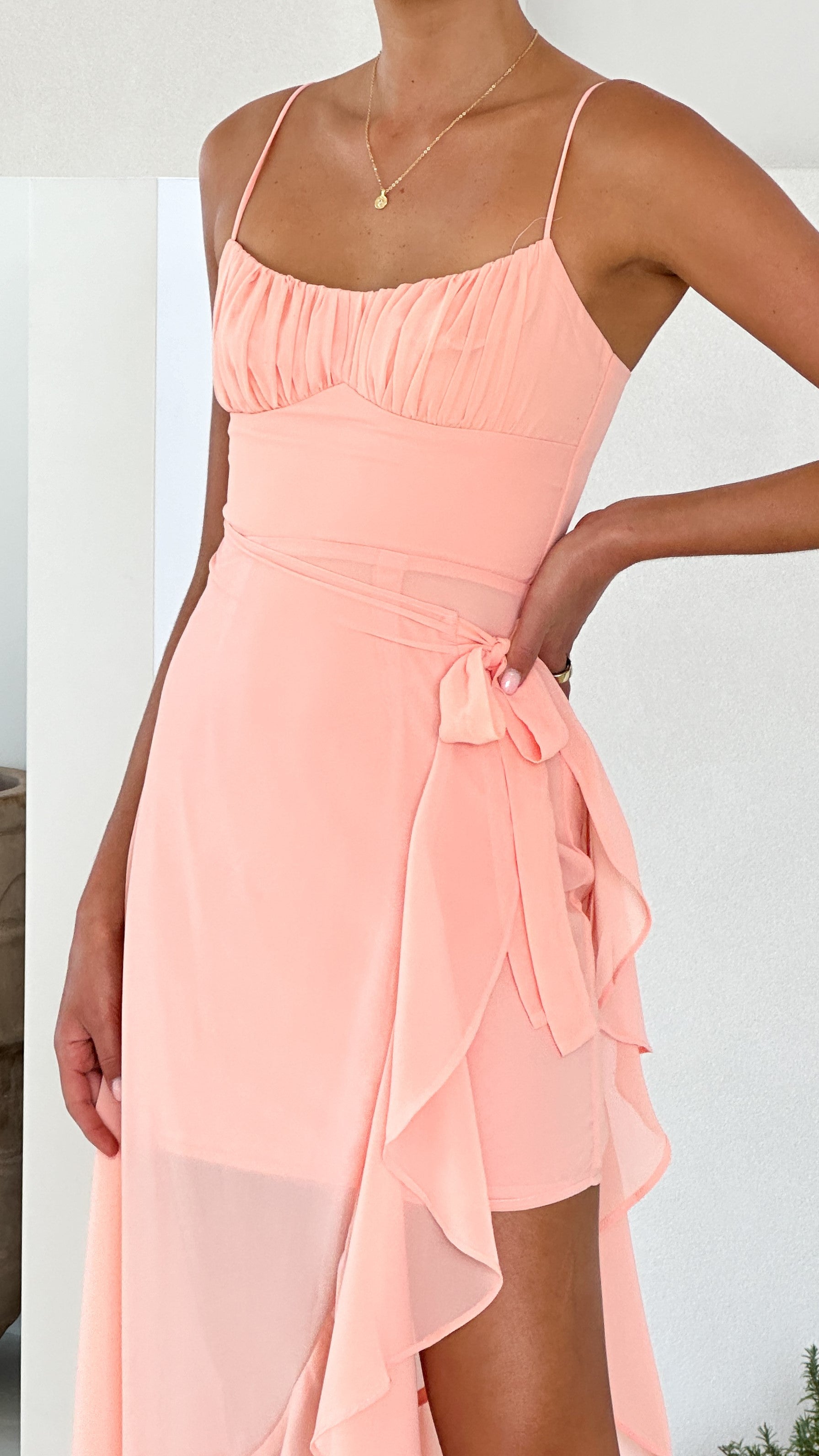 Caliste Midi Dress in Peach - Flowy Summer Dress for Women, Beach Wedding Guest Outfit & Casual Daywear