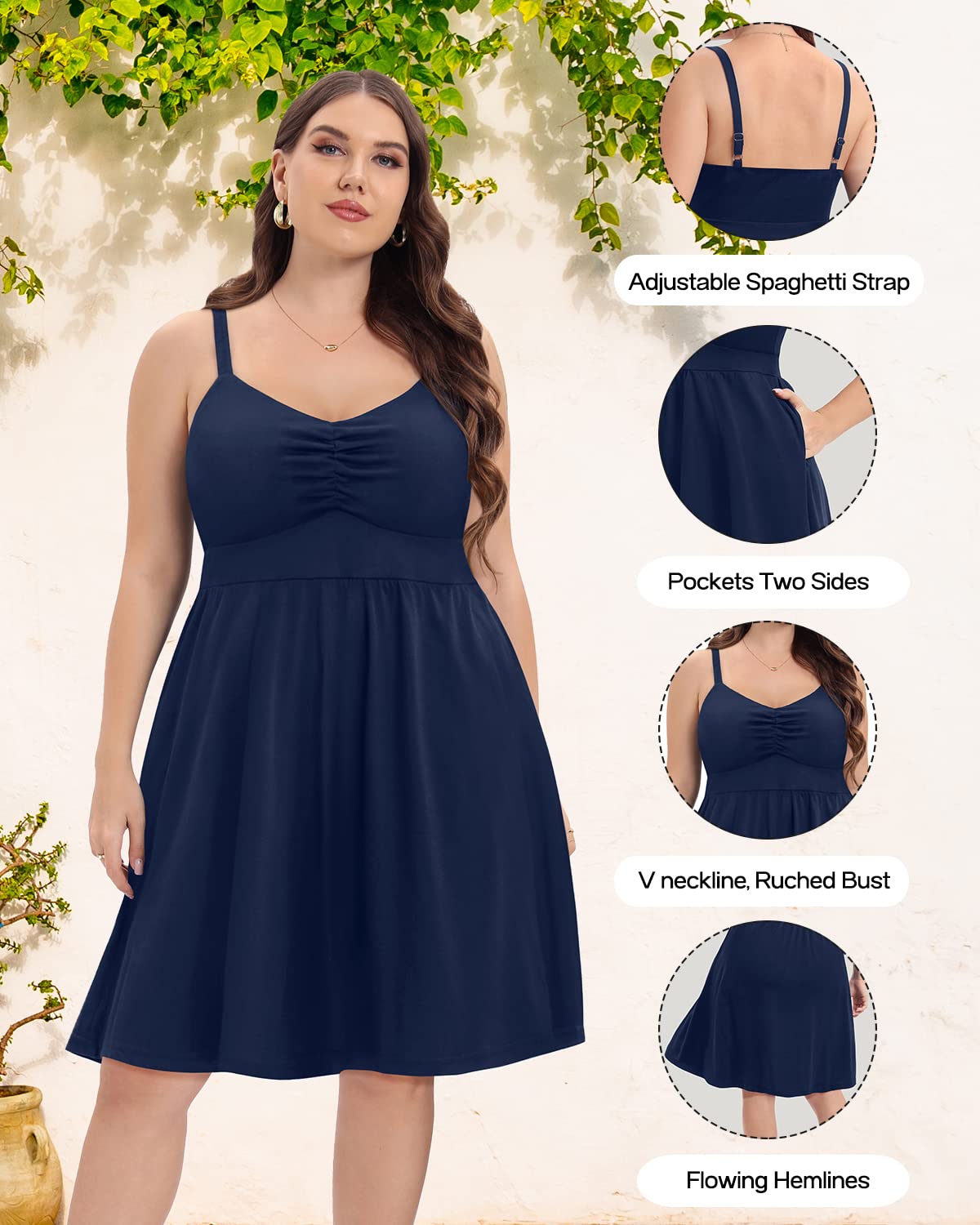Plus Size Women's Pinup Sundress - Casual Summer Spaghetti Strap A-Line Beach Dress with Pockets | Perfect for Vacation, Pool Party & Boho Outfit