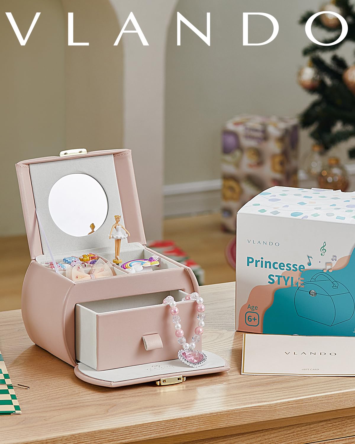 Vlando Girls Jewelry Box with Drawer - Musical Ballerina Jewelry Organizer with Stickers, Pink Gift Box for Kids & Teens | Perfect for Bedroom Decor, Birthday Gifts & Jewelry Storage