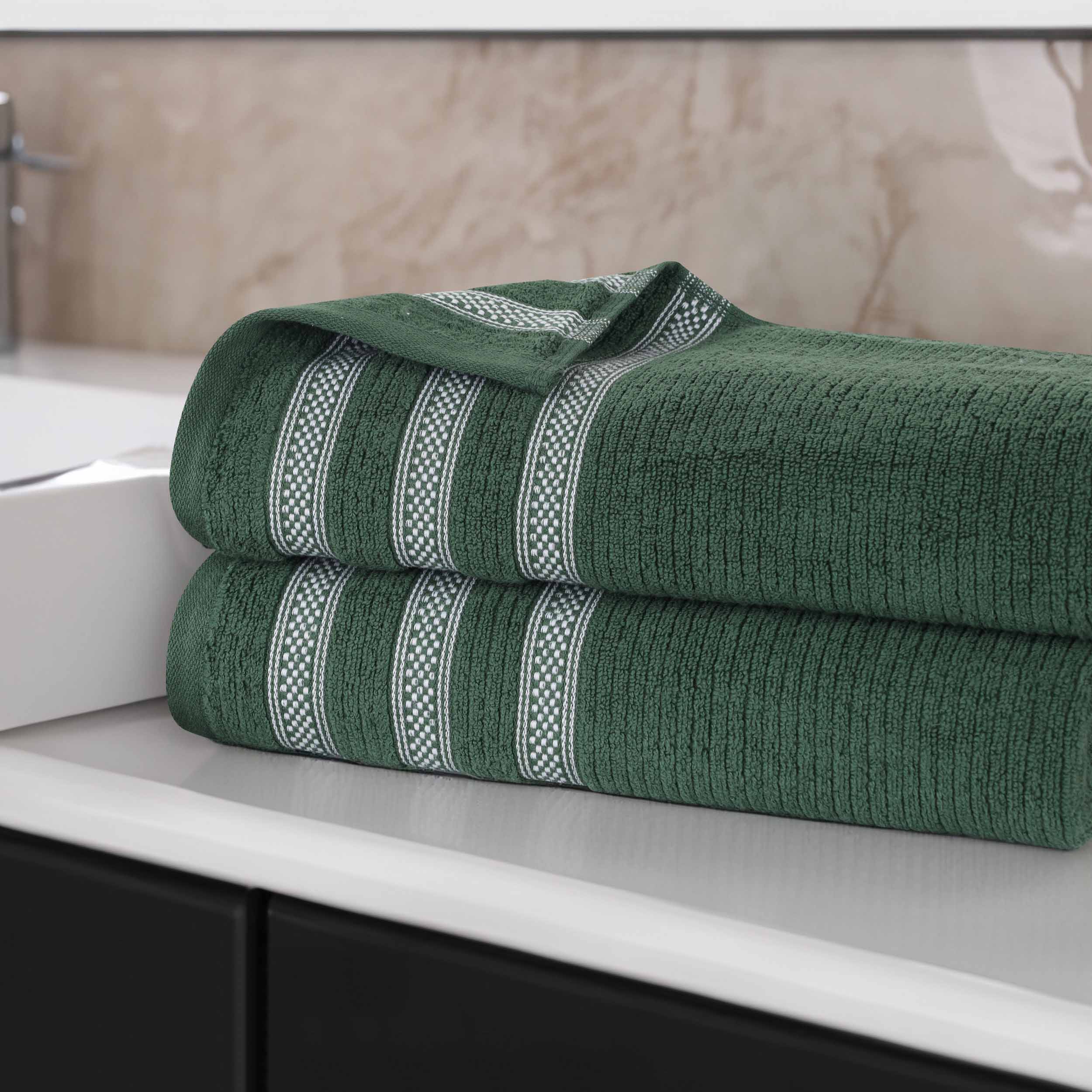 Premium Zero Twist Cotton Ribbed Geometric Border Plush Bath Towel Set of 2 - Ultra Soft & Absorbent Luxury Bath Sheets for Spa, Hotel & Home Use