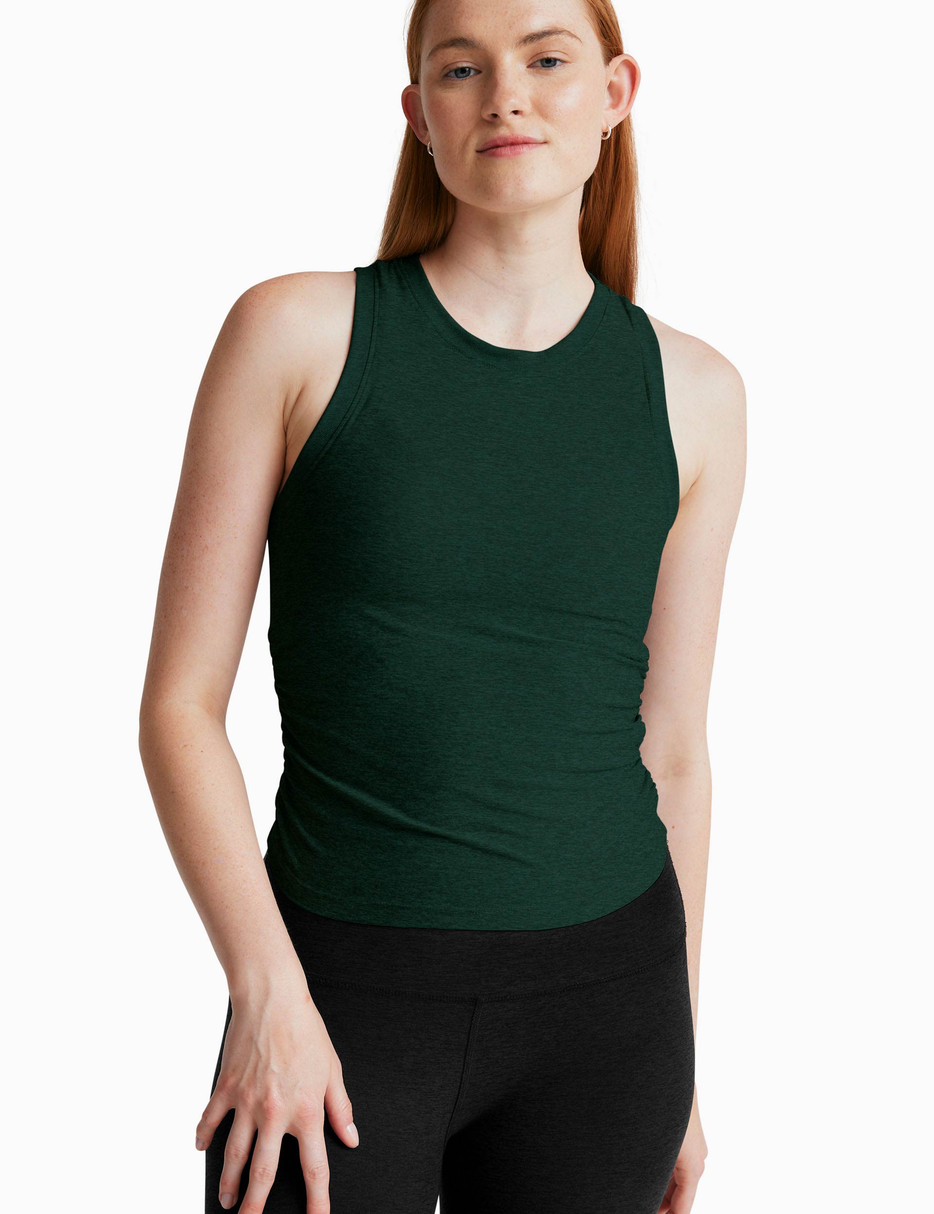 Featherweight Your Fit Shirred Tank - Dark Spruce Green Heather | Lightweight Stretchy Summer Top for Yoga, Running & Casual Wear