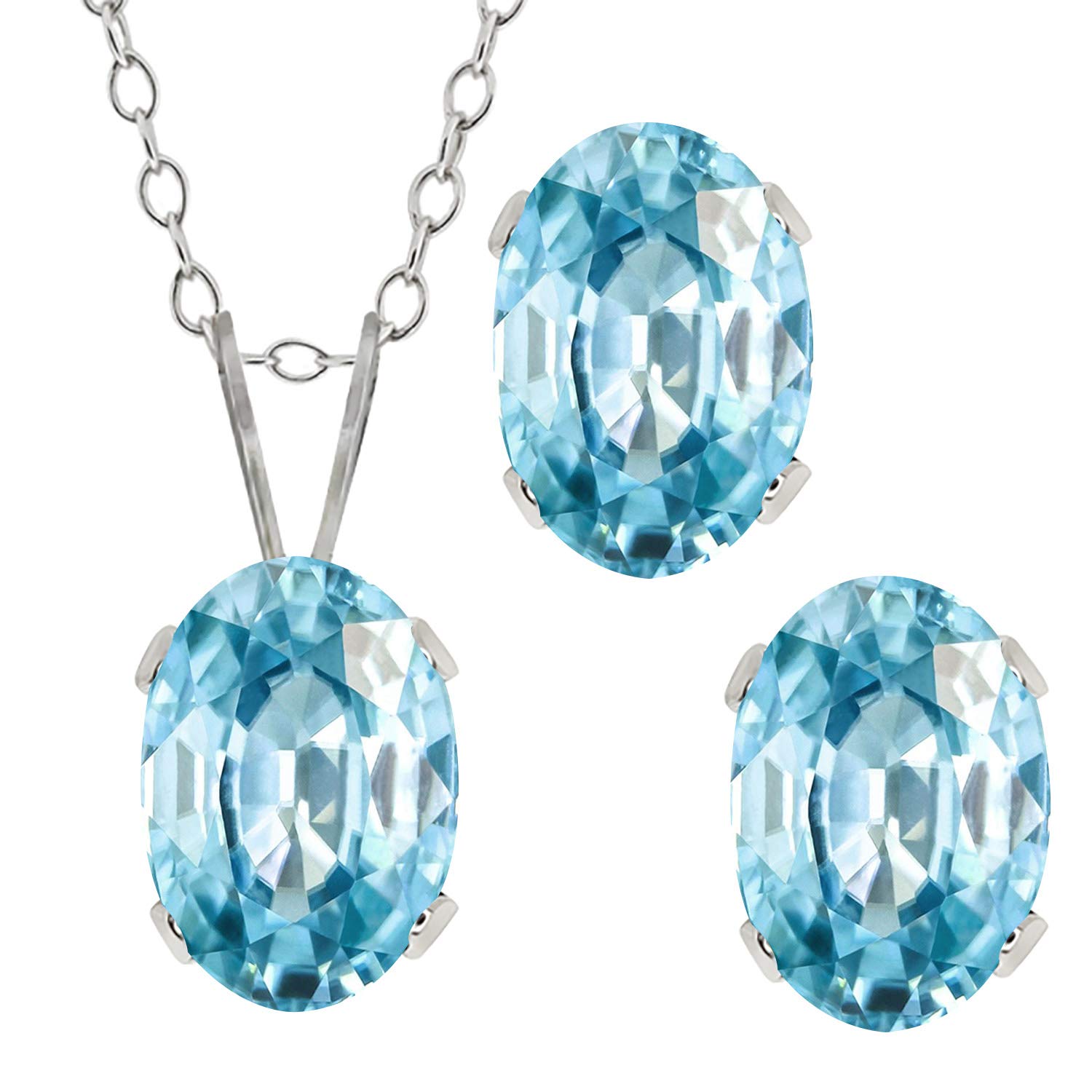 3.75 Ct Oval Blue Zircon Sterling Silver Pendant & Earrings Set - Gem Stone King | Elegant Jewelry Gift for Women, Perfect for Weddings & Special Occasions