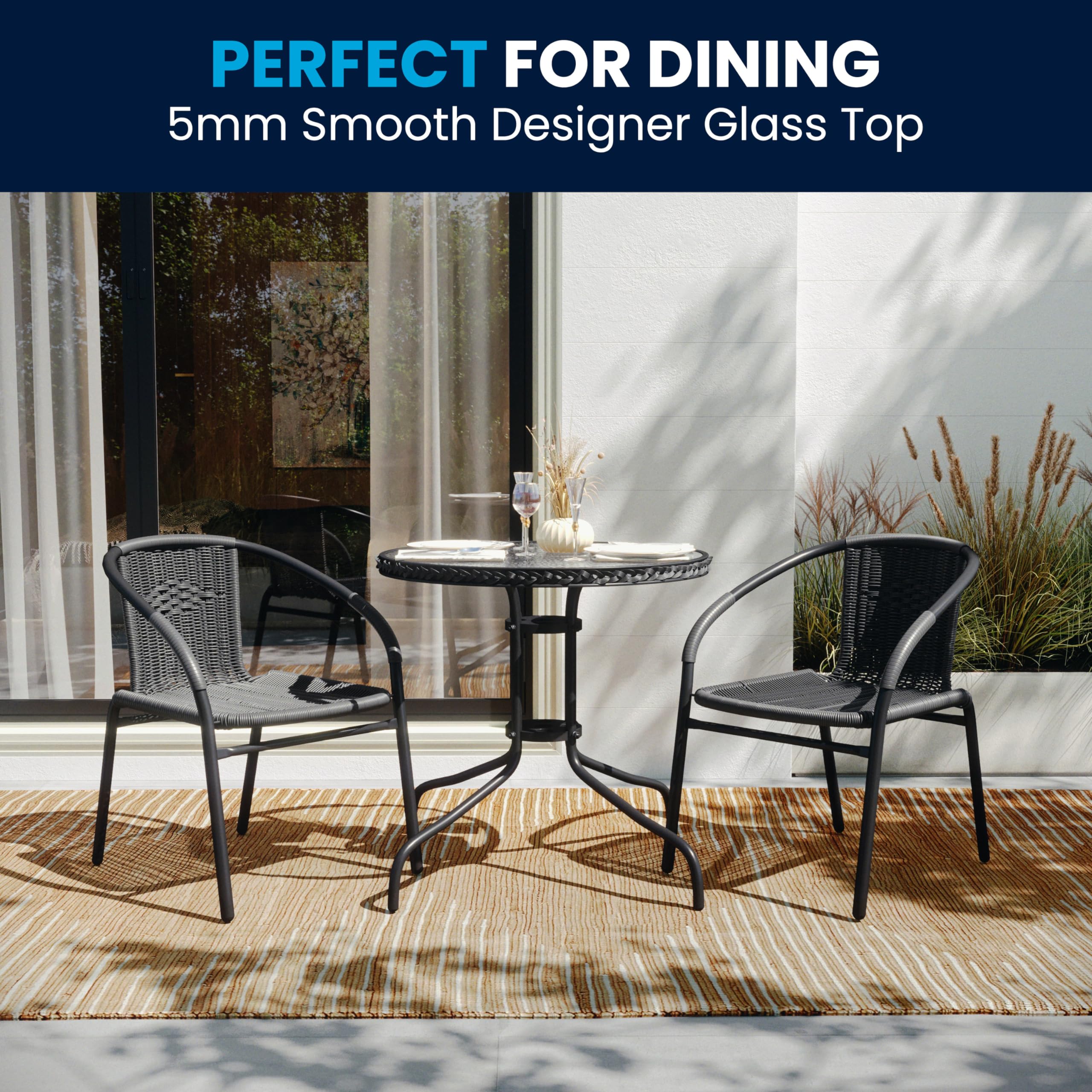 Flash Furniture 3-Piece Outdoor Dining Set - Round Glass Top Metal Table with 2 Stackable Wicker Chairs, Gray Bistro Set for Patio, Garden, Balcony & Backyard Relaxation