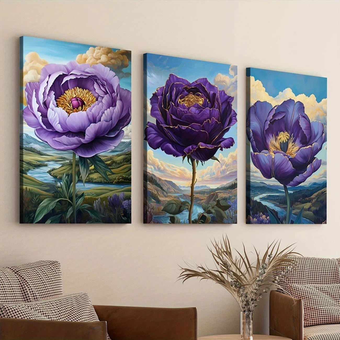 3-Piece Abstract Purple Flowers and Blue Sky Wall Art Set - Framed Canvas Prints 40x60cm (16x24in) - High Quality Australian Made Ready-to-Hang Home Decor for Living Room, Bedroom or Office