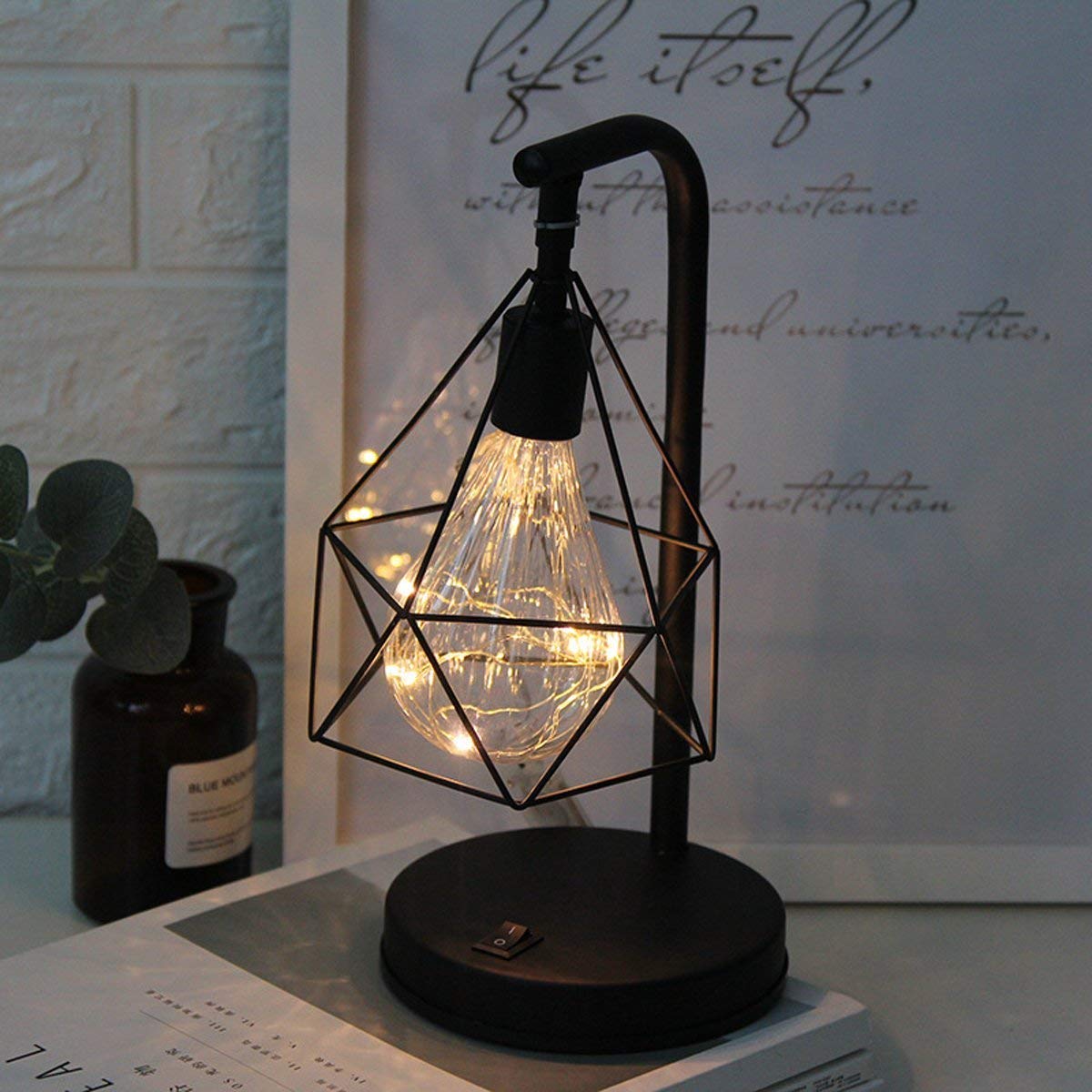Vintage Metal Table Lamp with Hollow Diamond Design - Copper Wire Edison Bulb Battery Operated Reading Light for Bedroom, Office, Wedding & Christmas Decor (Warm White) | Perfect for Nighttime Reading, Bedside Lighting & Holiday Ambiance
