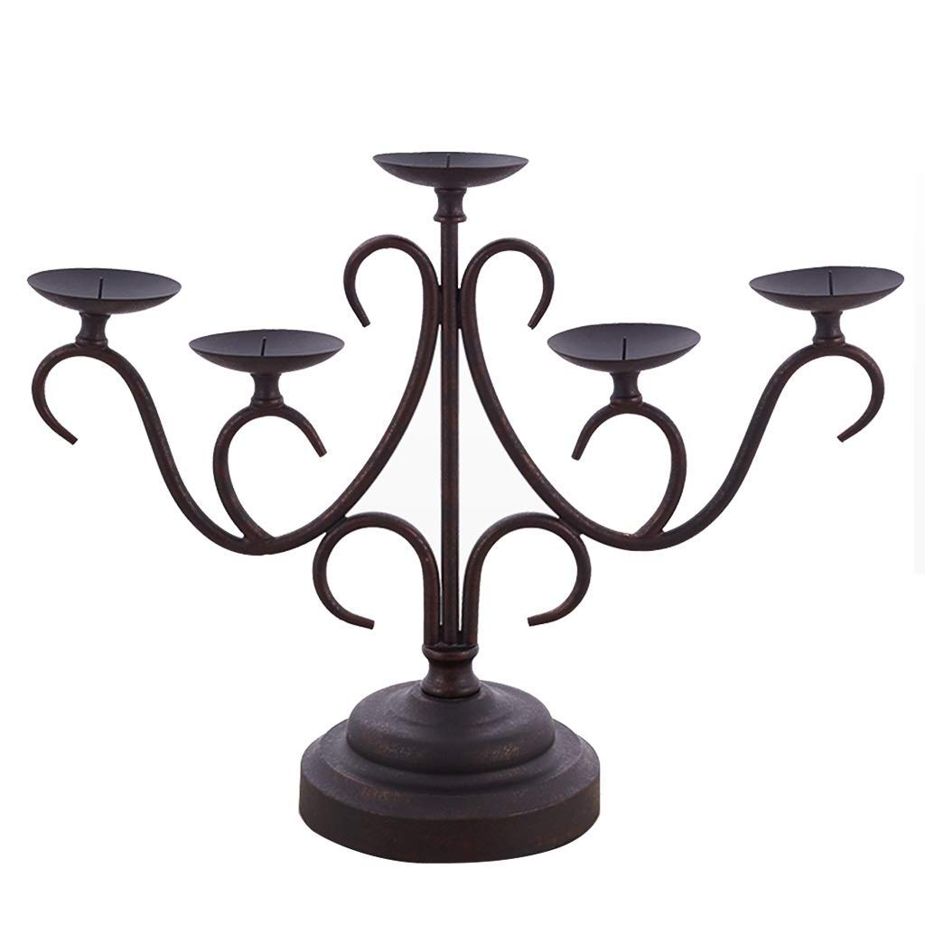 Vintage Wrought Iron 5-Arm Candelabra - Antique Style Candle Holders for Dining Table, Wedding Centerpiece & Living Room Decor - Elegant Candelabra for Home, Church & Romantic Ambiance Lighting