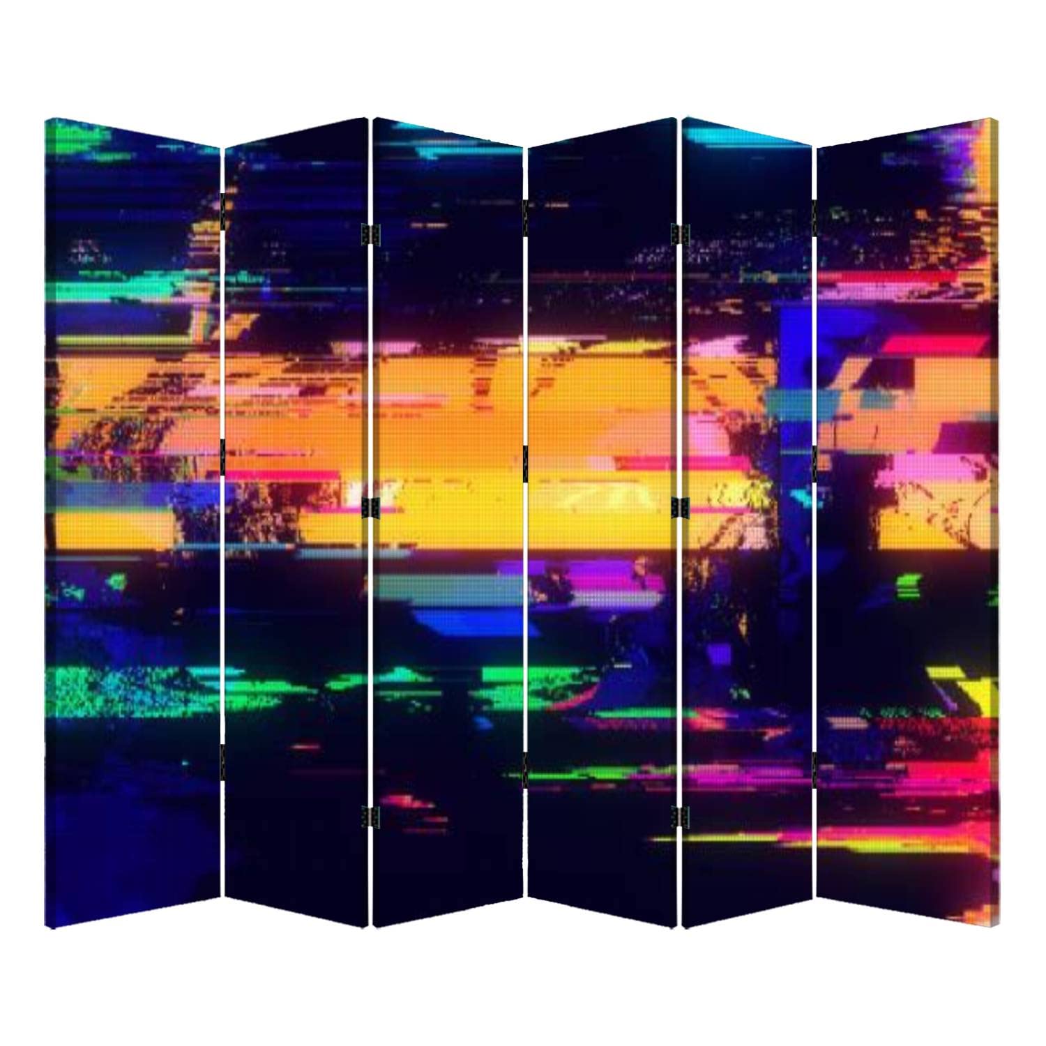 Abstract Pixel Glitch Noise Room Divider - 6 Panel Folding Privacy Screen for Living Room & Bedroom - Unique Video Error Art Design for Home Office, Studio, and Event Space Separation
