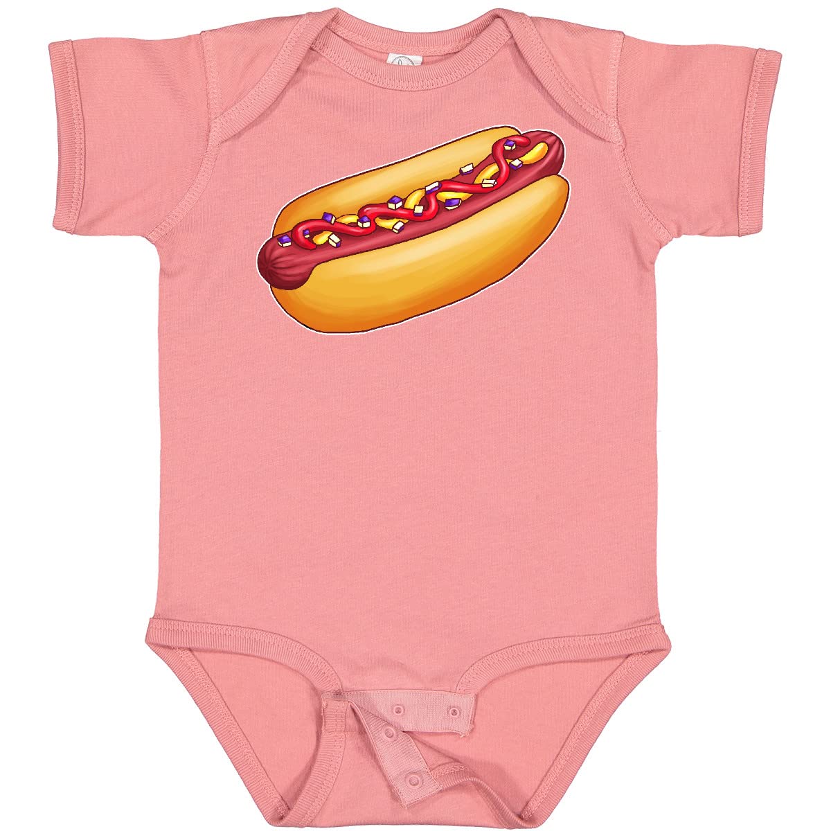 Inktastic Hot Dog Print Baby Bodysuit - Cute Mustard, Onions & Ketchup Design - Soft Cotton Infant Onesie for Playdates, Family BBQ & Funny Photo Shoots
