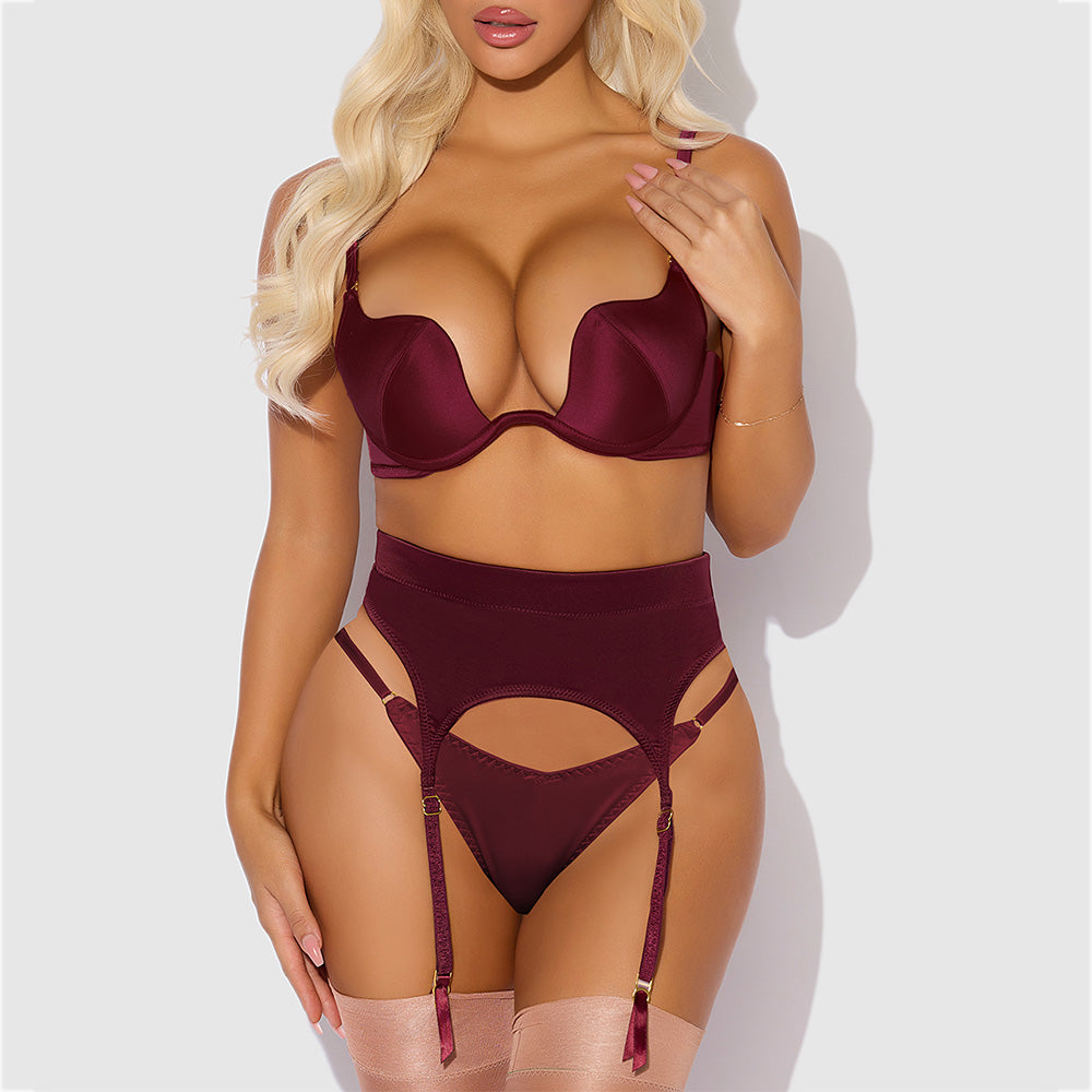 Brigeta Satin Plunge Bra & Lingerie Set with Garter Belt and Thong - Sexy Lace Underwear for Women - Perfect for Valentine's Day, Bridal Shower, and Romantic Nights